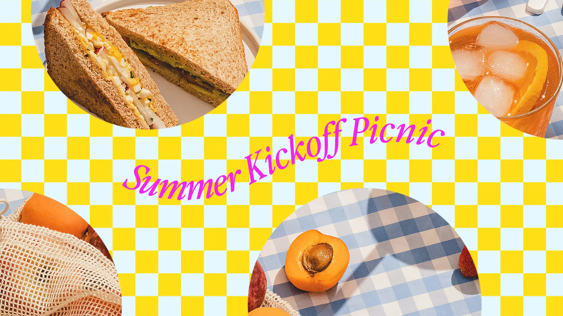 Summer picnic invitation featuring sandwiches, fruits, and refreshments on a checkered tablecloth, celebrating community and fellowship.