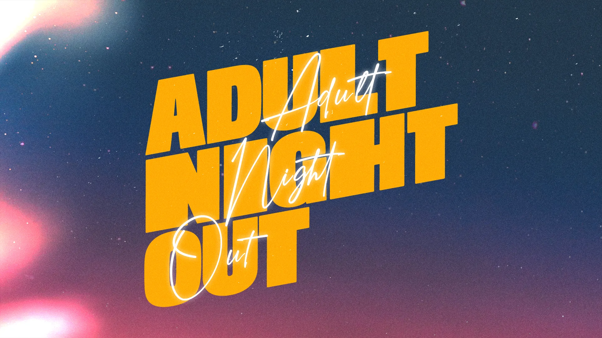This 'Adult Night Out' church graphic is perfect for promoting a well-deserved evening of relaxation and fellowship. Its cosmic backdrop and bold typography make it stand out in any church media setting.