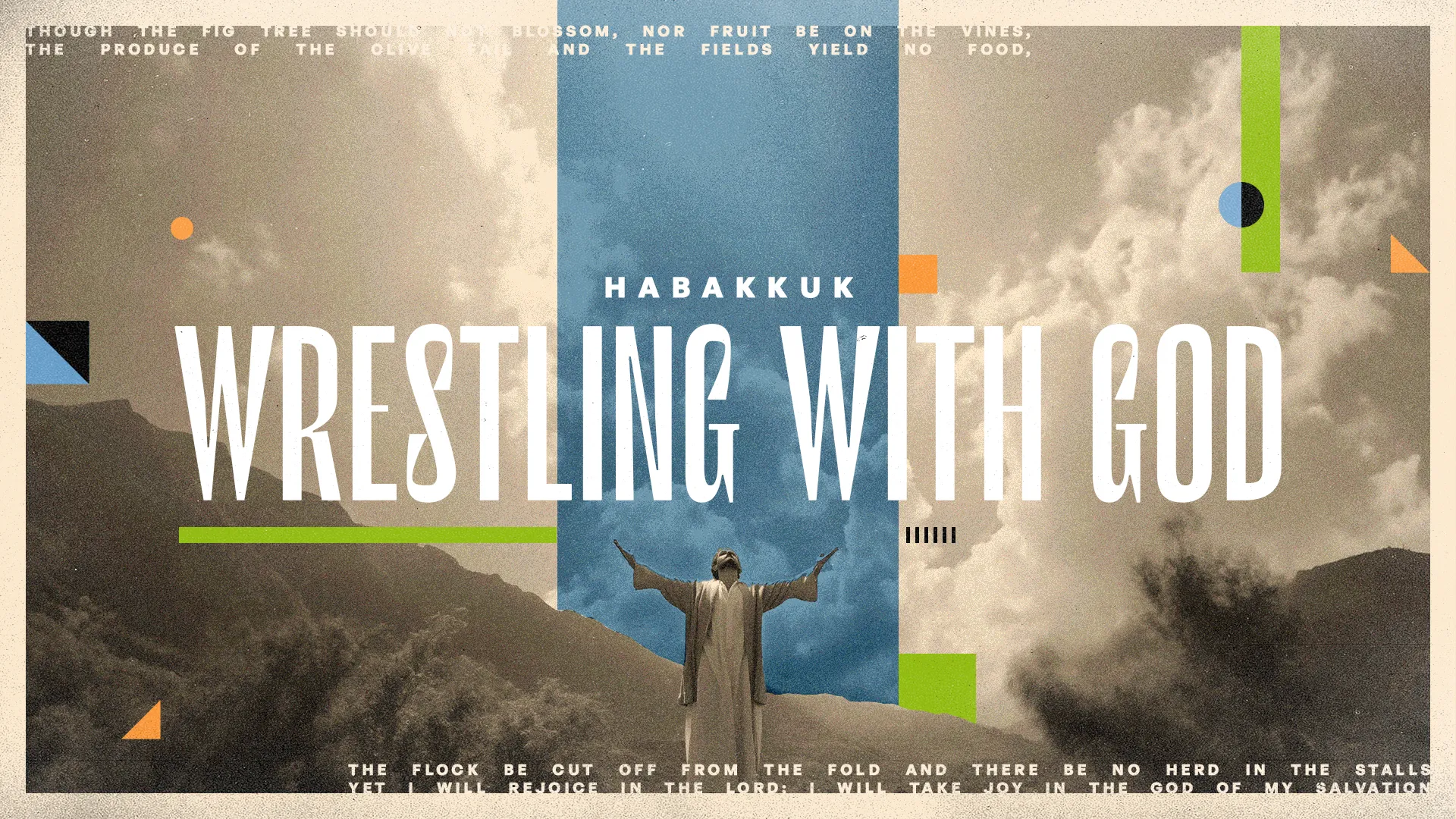 Elevate your church's media with this impactful 'Habakkuk Wrestling With God' graphic, perfectly crafted for teachings on perseverance and faith. This design, echoing the power of trust in times of uncertainty, is an essential addition to your church media resources.