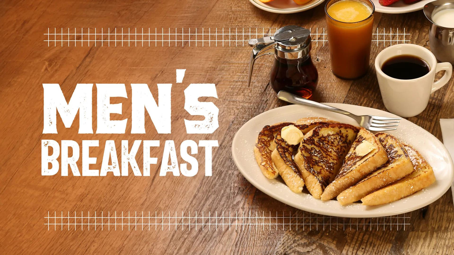 Start the day strong with this 'Men’s Breakfast' graphic, perfect for inviting fellowship over a hearty meal. The image of a classic breakfast sets a welcoming table for conversation, camaraderie, and community building.