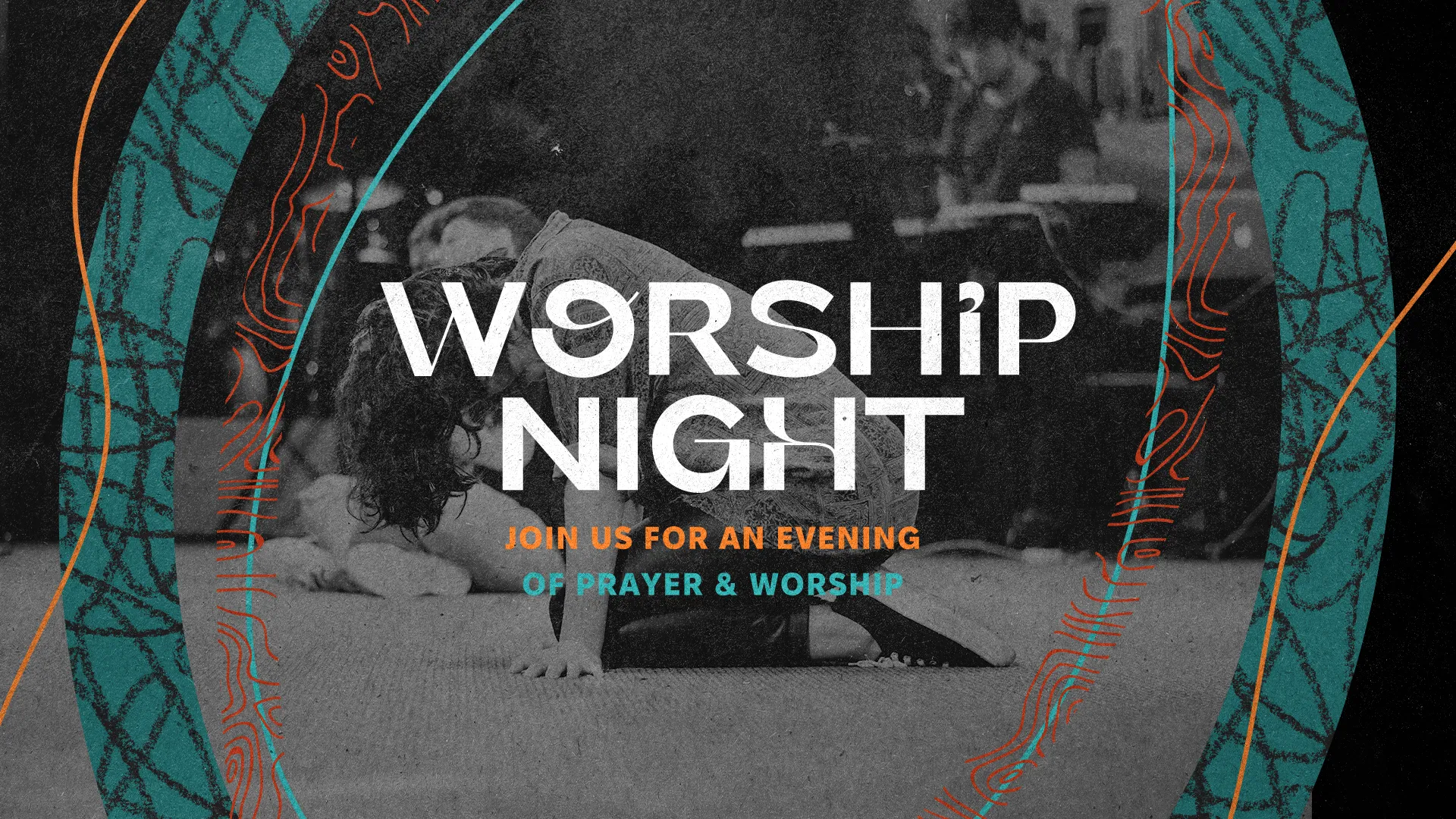 Set a contemplative mood with this 'Worship Night' graphic, inviting the community for an evening filled with prayer and heartfelt worship. The soulful image combined with earthy textures and warm tones creates a welcoming call to worship, reflection, and spiritual connection.