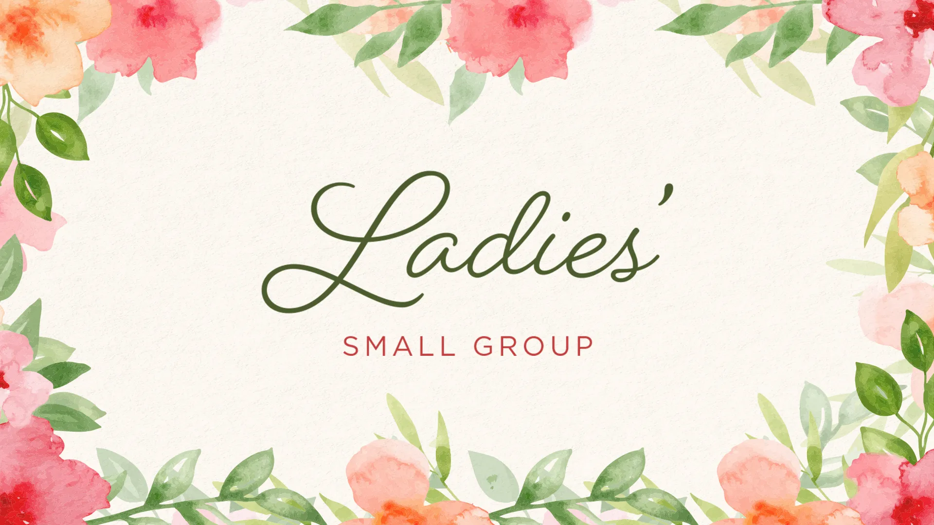 Welcome to a space of grace and growth with this 'Ladies' Small Group' graphic. The delicate floral design frames an invitation for intimate fellowship and nurturing spiritual discussions, creating an environment where women can connect and flourish.