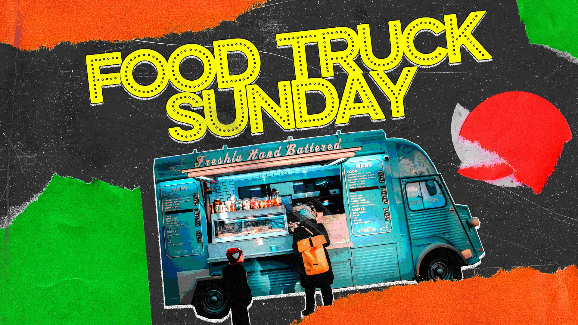 Spice up your Sunday service with this 'Food Truck Sunday' graphic! The collage style design and vivid colors reflect a casual, community-oriented event that's sure to gather a crowd and create fellowship over good food and good conversation.