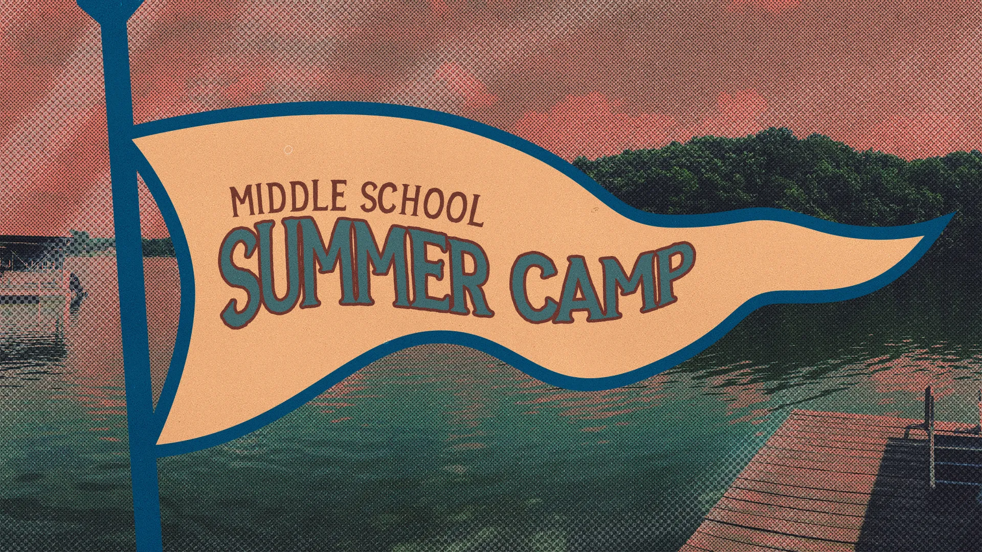 Get ready for adventure with this 'Middle School Summer Camp' graphic! The nostalgic flag banner and lake setting evoke the timeless fun of summer camp, perfect for getting students excited about outdoor activities and new friendships.