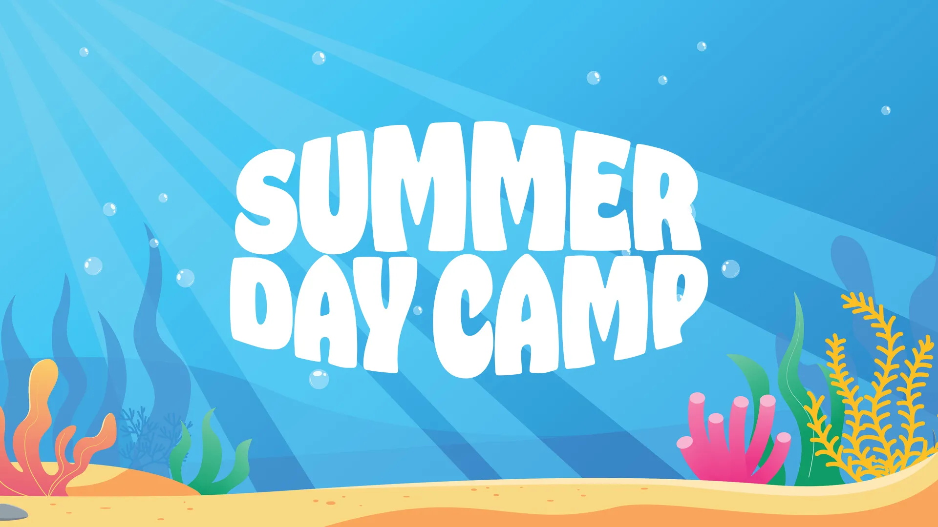 Dive into the season with this cheerful 'Summer Day Camp' graphic, ideal for inviting kids to a world of aquatic adventures and sunny explorations. The underwater theme with playful marine plants and bubbles sets an exciting tone for a summer filled with learning and fun.