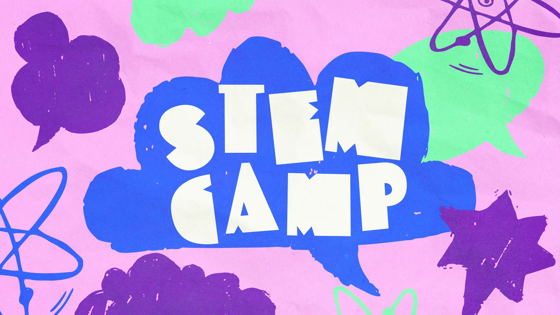 Ignite curiosity and innovation in your church's youth with this dynamic 'STEM Camp' graphic template. The playful, graffiti-esque design pops against a vibrant background, perfect for promoting an educational and fun experience for the young scientists and engineers in your community.