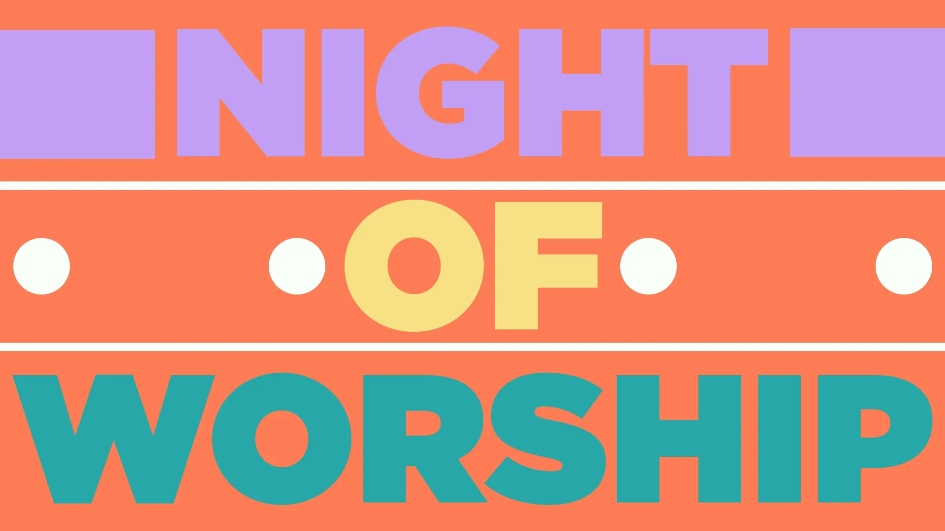 Get ready for a vibrant evening of praise with this "Night Of Worship" graphic, perfect for your church media. Its bold typography and dynamic color scheme invite the community for an unforgettable spiritual experience.