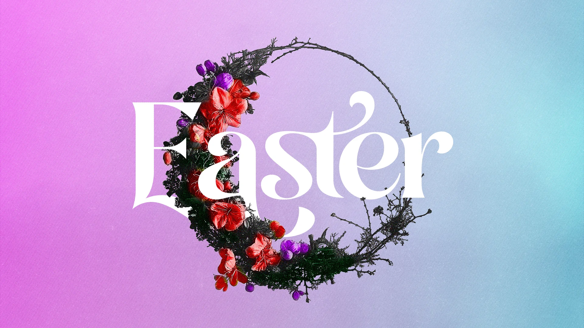 Celebrate the season of rebirth with this artistic "Easter" graphic, featuring a wreath of spring flowers interwoven with the message of resurrection. Perfect for church media to represent the joy and renewal of Easter Sunday.