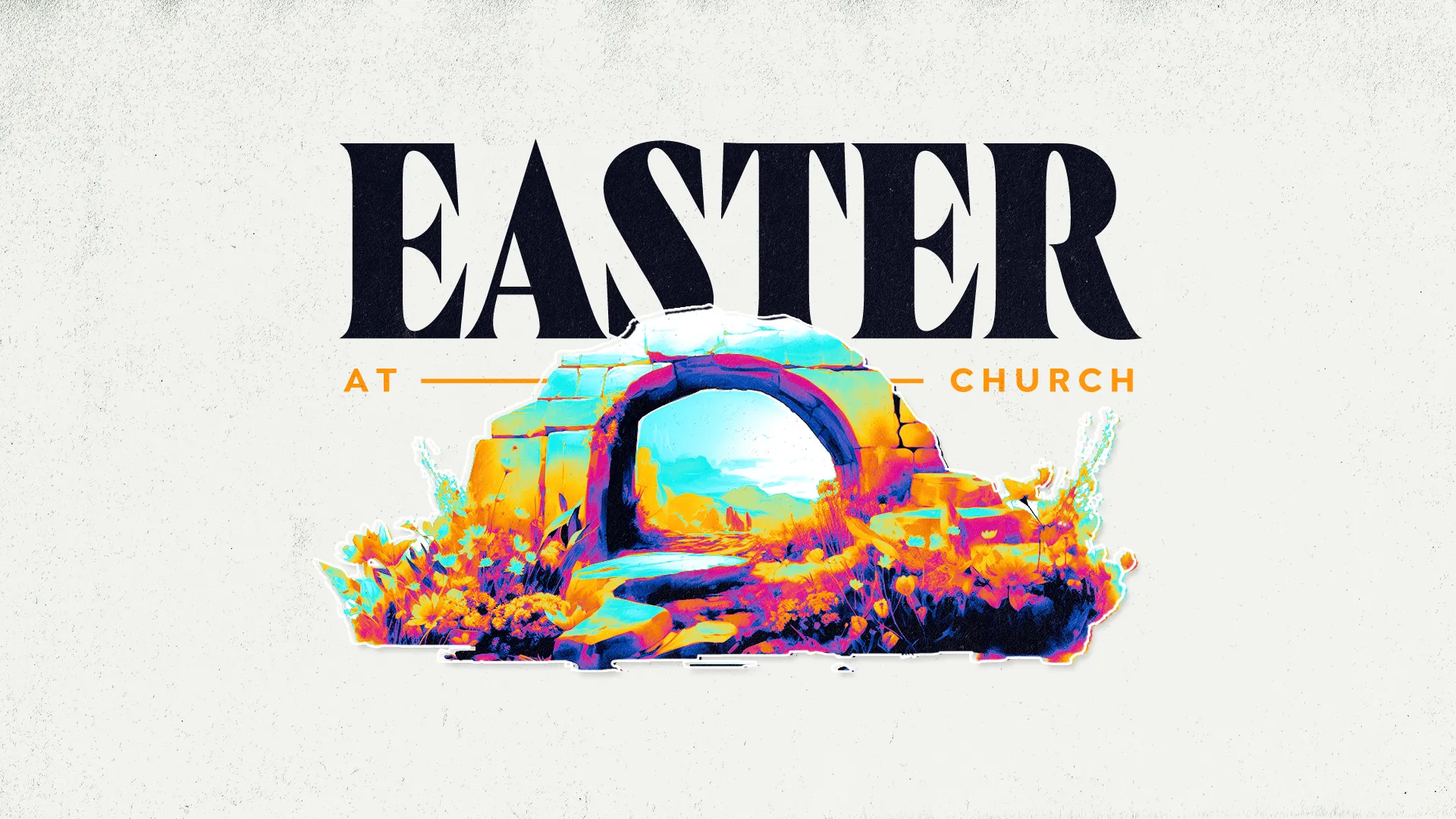 Celebrate the resurrection with this vibrant "Easter" graphic. Its colorful depiction of the empty tomb amidst spring flowers is perfect for any church media, symbolizing new life and hope.