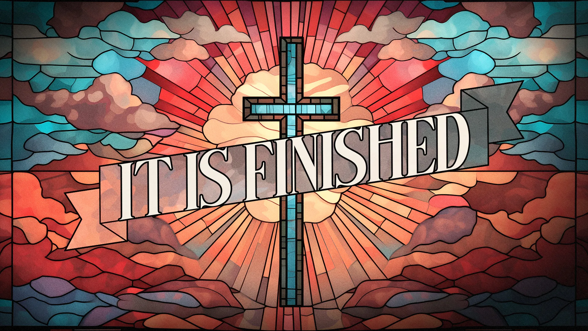 Reflect on the pivotal moment of Christian faith with this stained glass-inspired graphic, symbolizing the completion of Christ's mission on the cross.