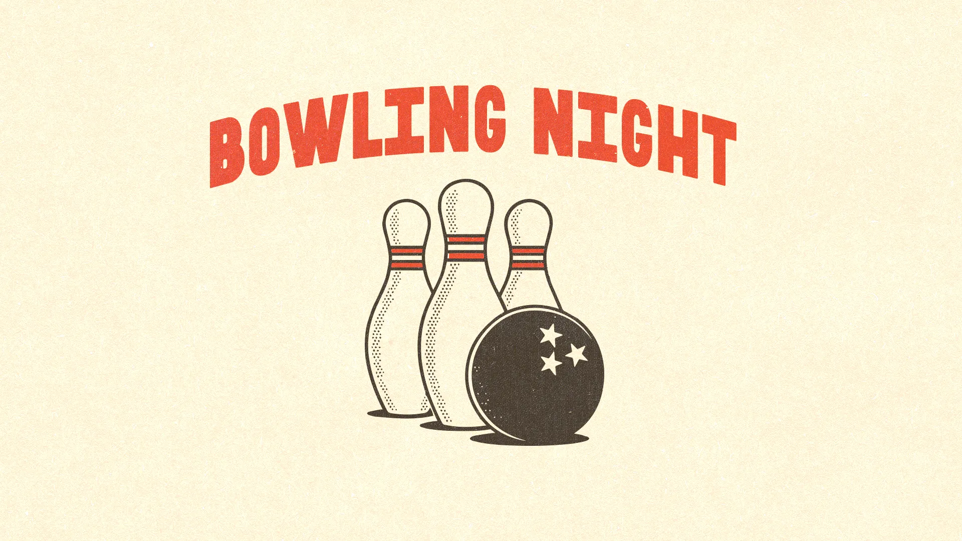 Bowling night event for community fellowship and fun, featuring bowling pins and a ball, encouraging connection and joy.