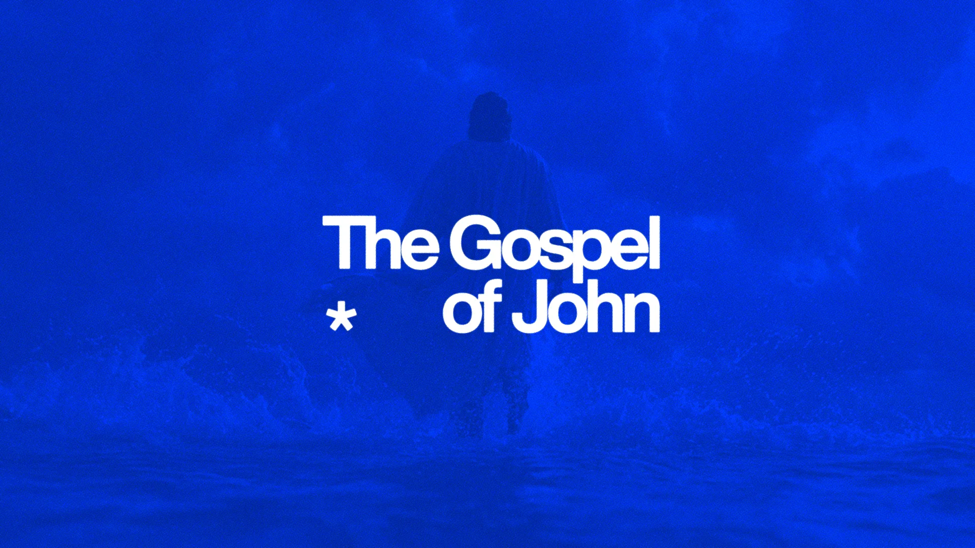 Waves and a figure in a robe, with bold text proclaiming "The Gospel of John," symbolizing faith and spiritual journey.