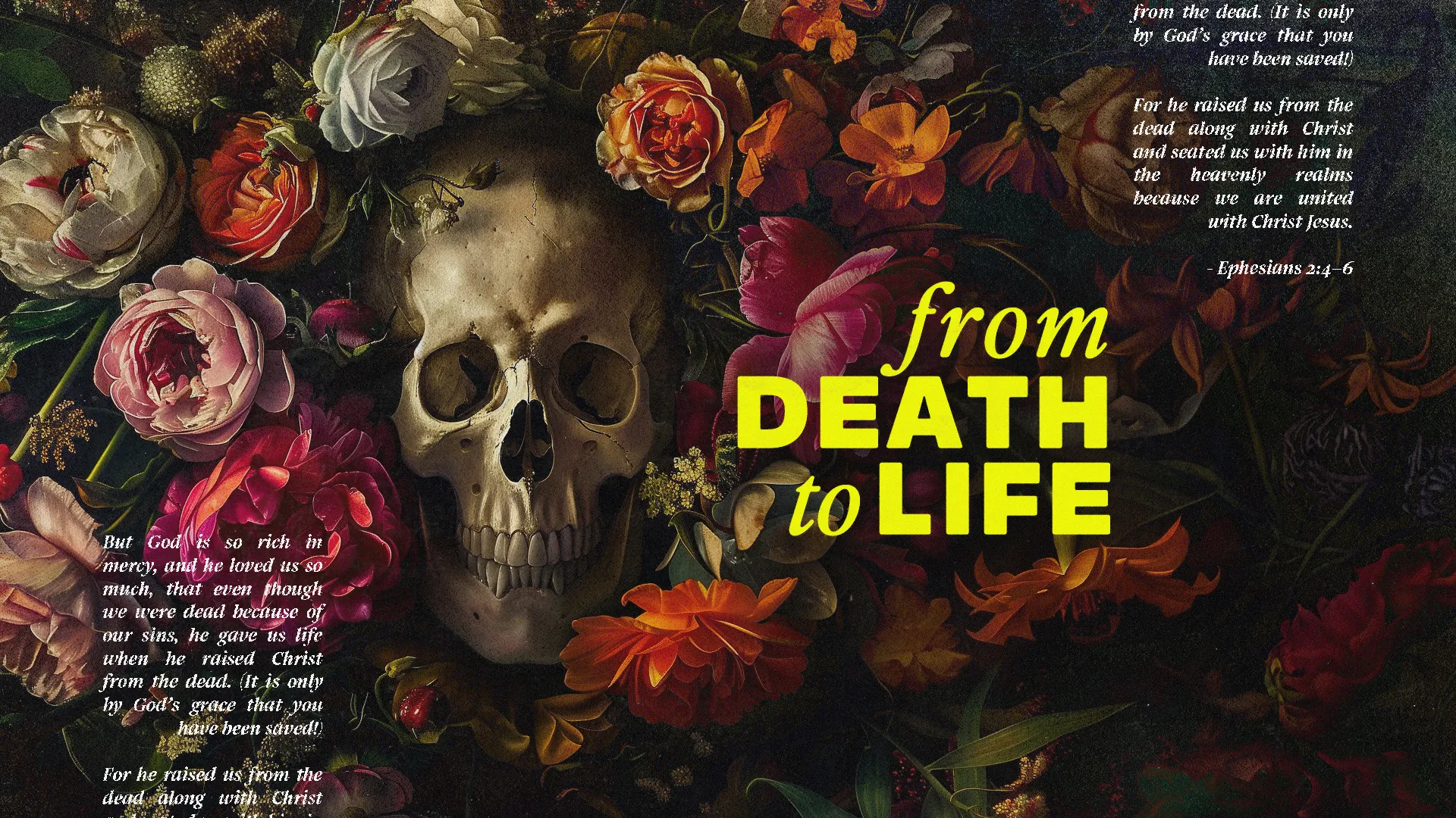 This sermon series template is a striking juxtaposition of life and mortality, featuring a detailed skull surrounded by lush, vibrant flowers, visually representing the transformative message from "Death to Life."