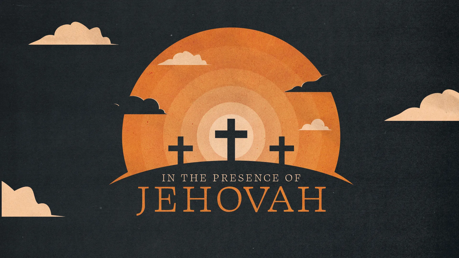 Reflect on divine majesty with the 'In the Presence of Jehovah' church media template. The serene sunset and crosses inspire a contemplative mood, ideal for worship and meditation on God's glory.
