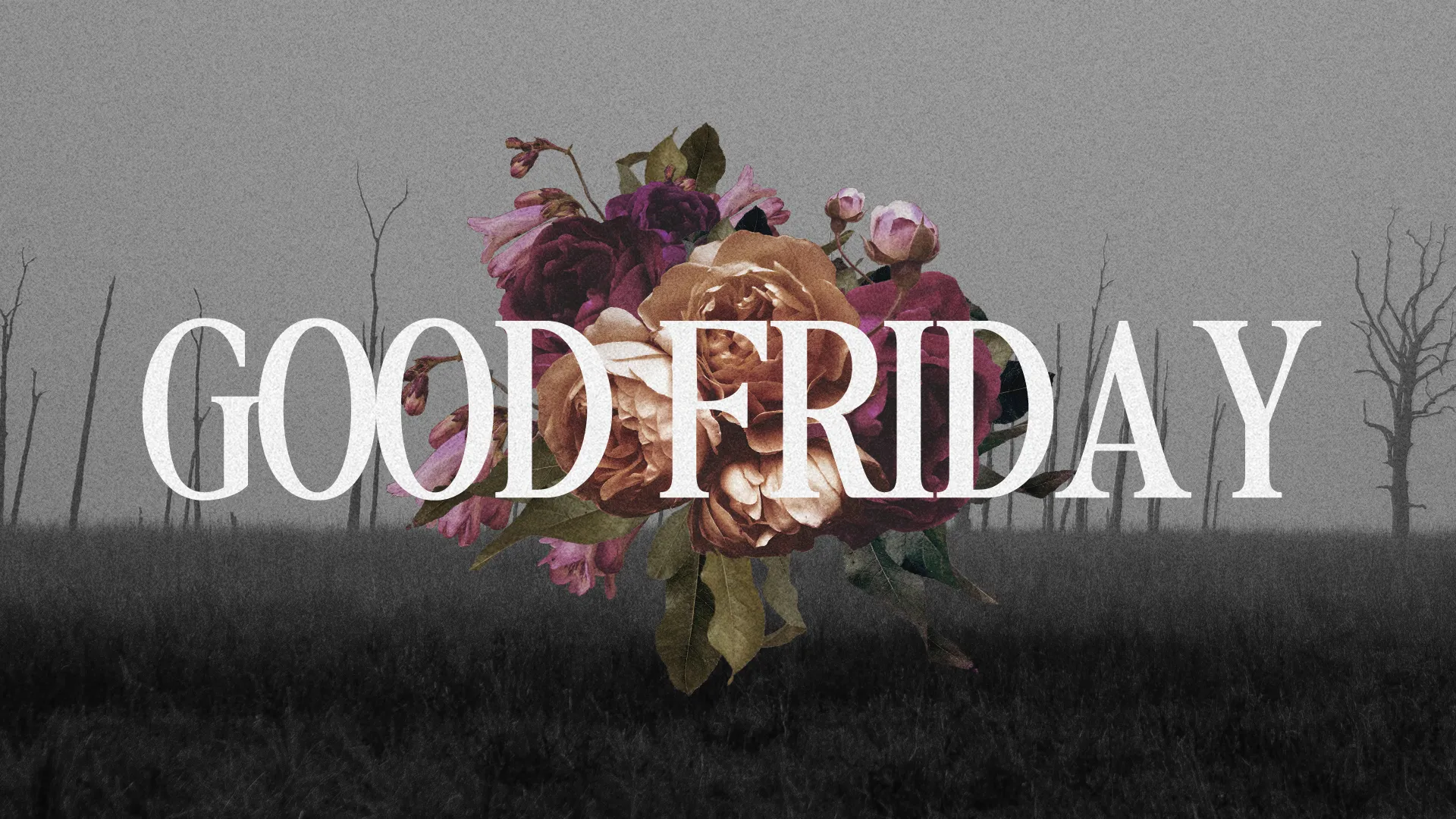 Reflect on the solemnity of Good Friday with this evocative church event template, featuring a stark, barren landscape juxtaposed with a vibrant floral arrangement, symbolizing life emerging from death.