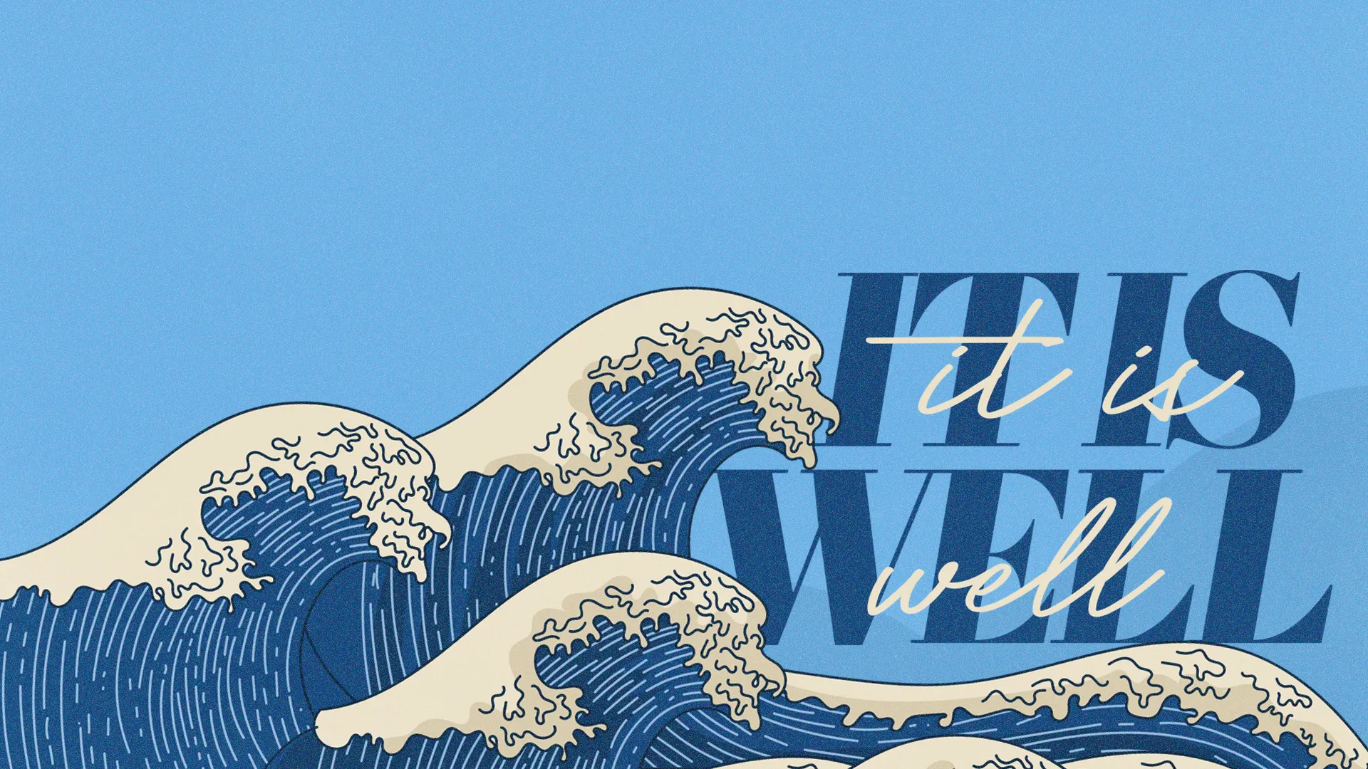 This Sermon Series template exudes a tranquil aura with its stylized wave illustrations and serene blue backdrop, perfectly complementing the message "It is well." Ideal for church media focusing on themes of peace and trust in God's plan.