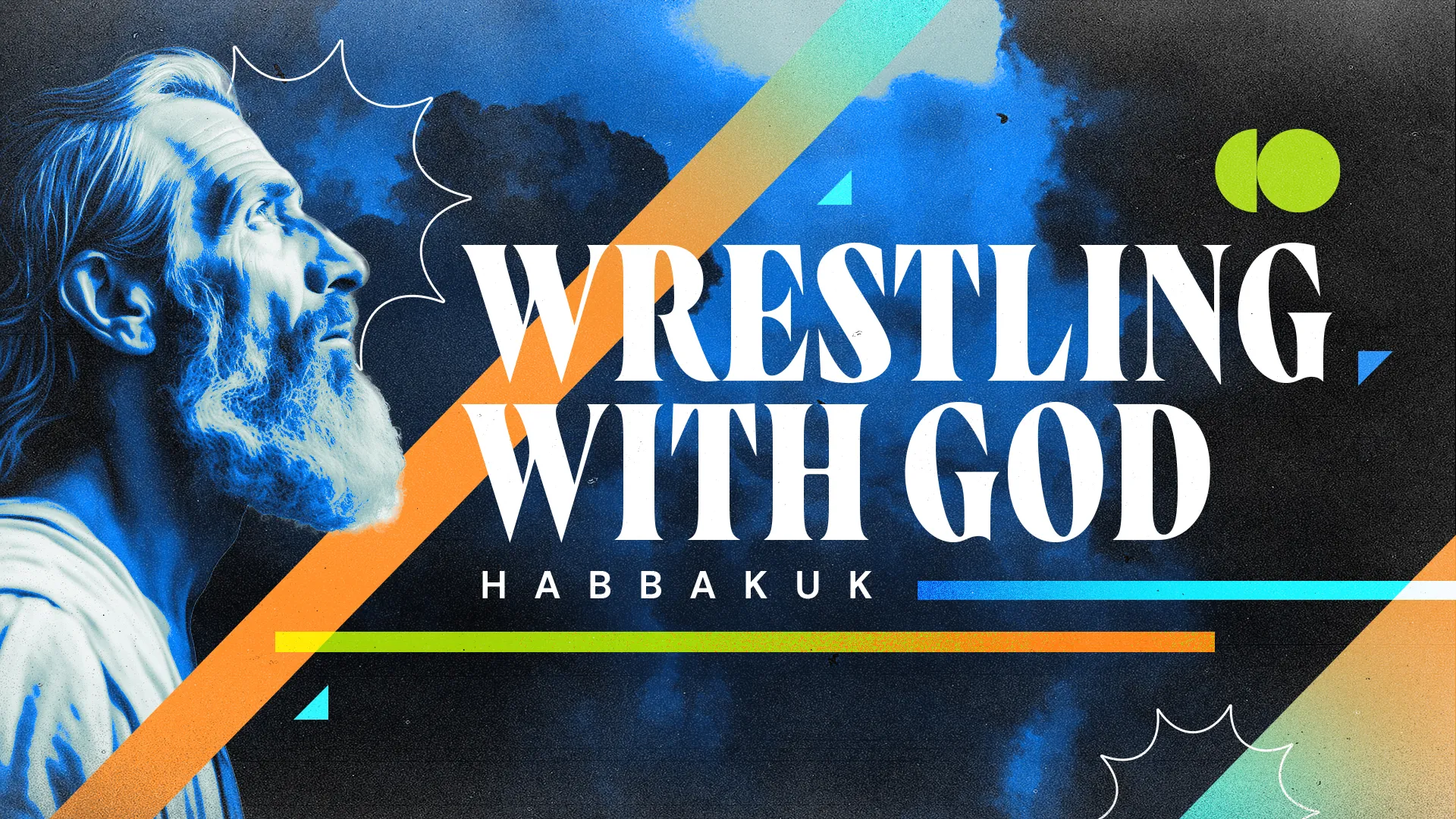 This Sermon Series template titled "Wrestling with God" features a dynamic, modern design with a classic portrait, invoking deep reflection on the struggles of faith as depicted in the book of Habakkuk.