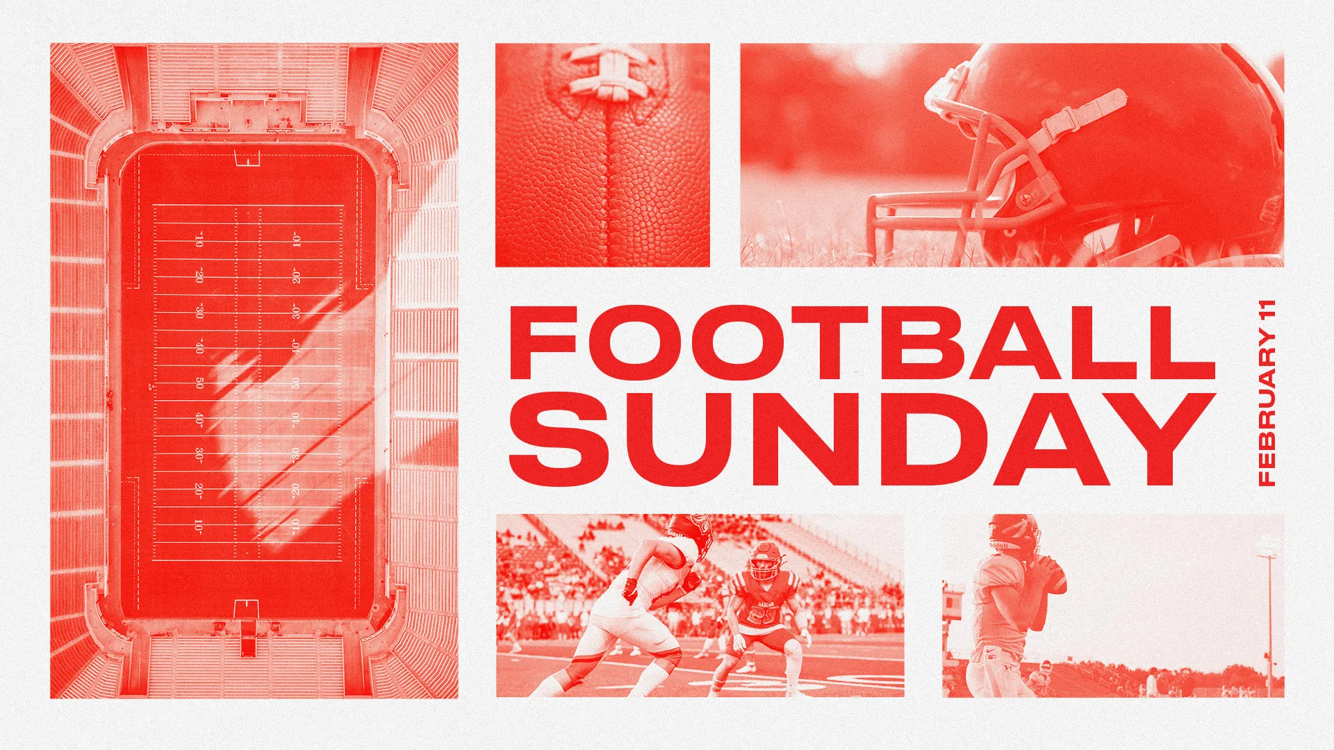 This church event template promotes a "Football Sunday" service, with a dynamic and sporty theme, capturing the excitement of football in a vibrant red tone. It's ideal for engaging a community around a popular pastime, offering a relatable and energetic invitation to church activities.