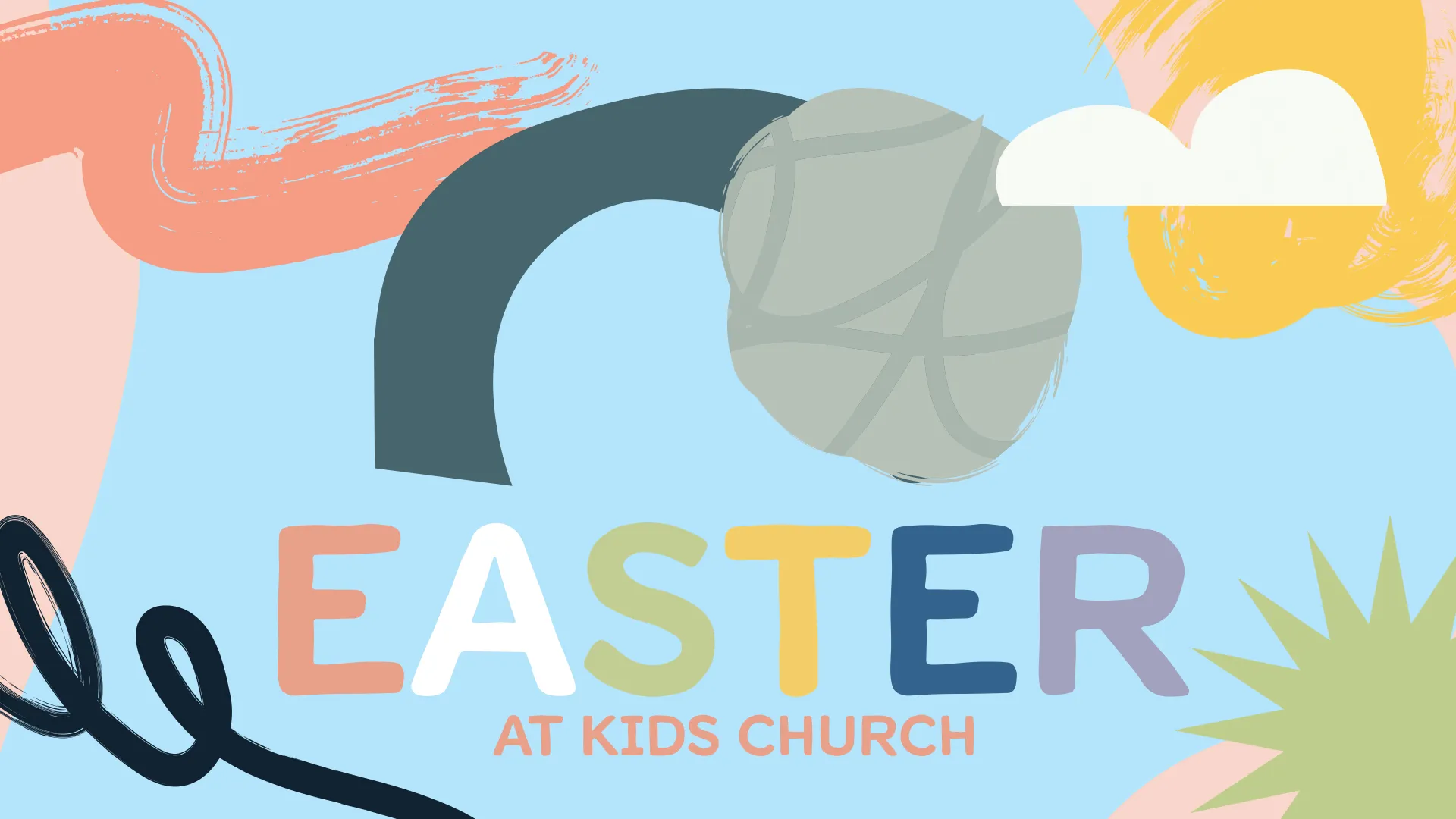 Welcome a colorful Easter celebration at your Kids Church with this playful and abstract template, boasting bold shapes and a fresh, engaging design for your church media needs.