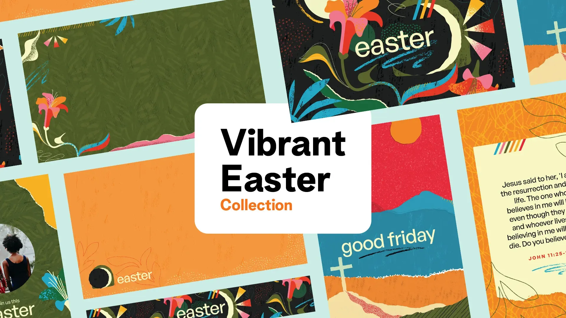 This church media collection showcases the "Vibrant Easter," a versatile set of graphics that include standard templates, a design toolkit, and bonus graphics. The collection is characterized by its bold, blocky composition that cleverly integrates images and typographic elements, reflecting a modern and engaging approach to celebrating the Easter season.