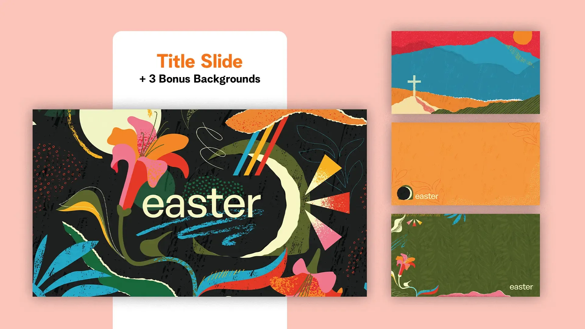 This church media collection showcases the "Vibrant Easter," a versatile set of graphics that include standard templates, a design toolkit, and bonus graphics. The collection is characterized by its bold, blocky composition that cleverly integrates images and typographic elements, reflecting a modern and engaging approach to celebrating the Easter season.