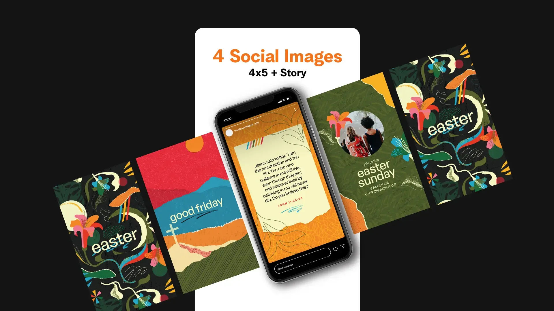 This church media collection showcases the "Vibrant Easter," a versatile set of graphics that include standard templates, a design toolkit, and bonus graphics. The collection is characterized by its bold, blocky composition that cleverly integrates images and typographic elements, reflecting a modern and engaging approach to celebrating the Easter season.
