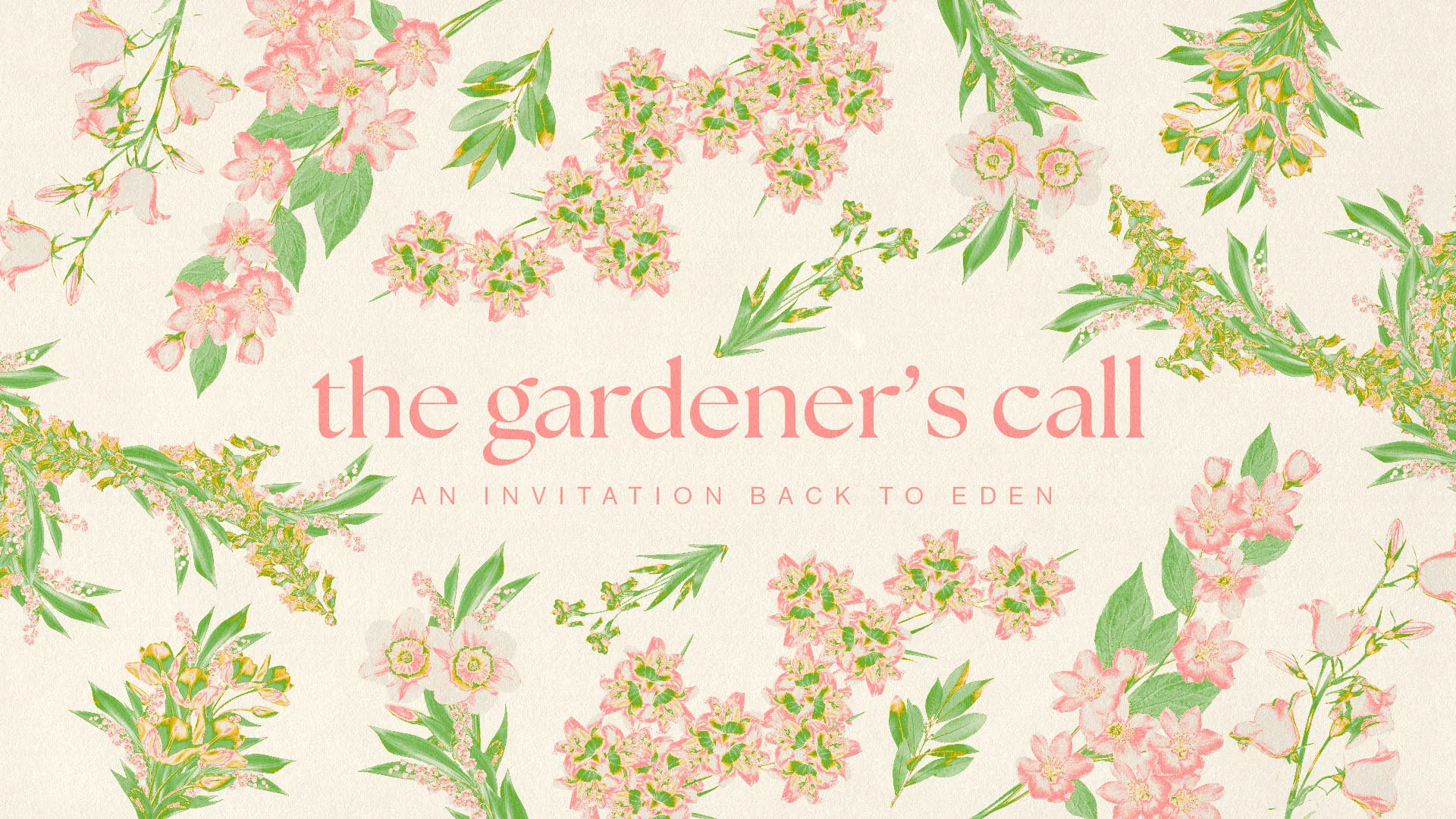 This church media template embodies an elegant, nature-inspired theme titled "The Gardener's Call," offering an invitation back to Eden with its blossoming floral motifs and serene pastel palette.
