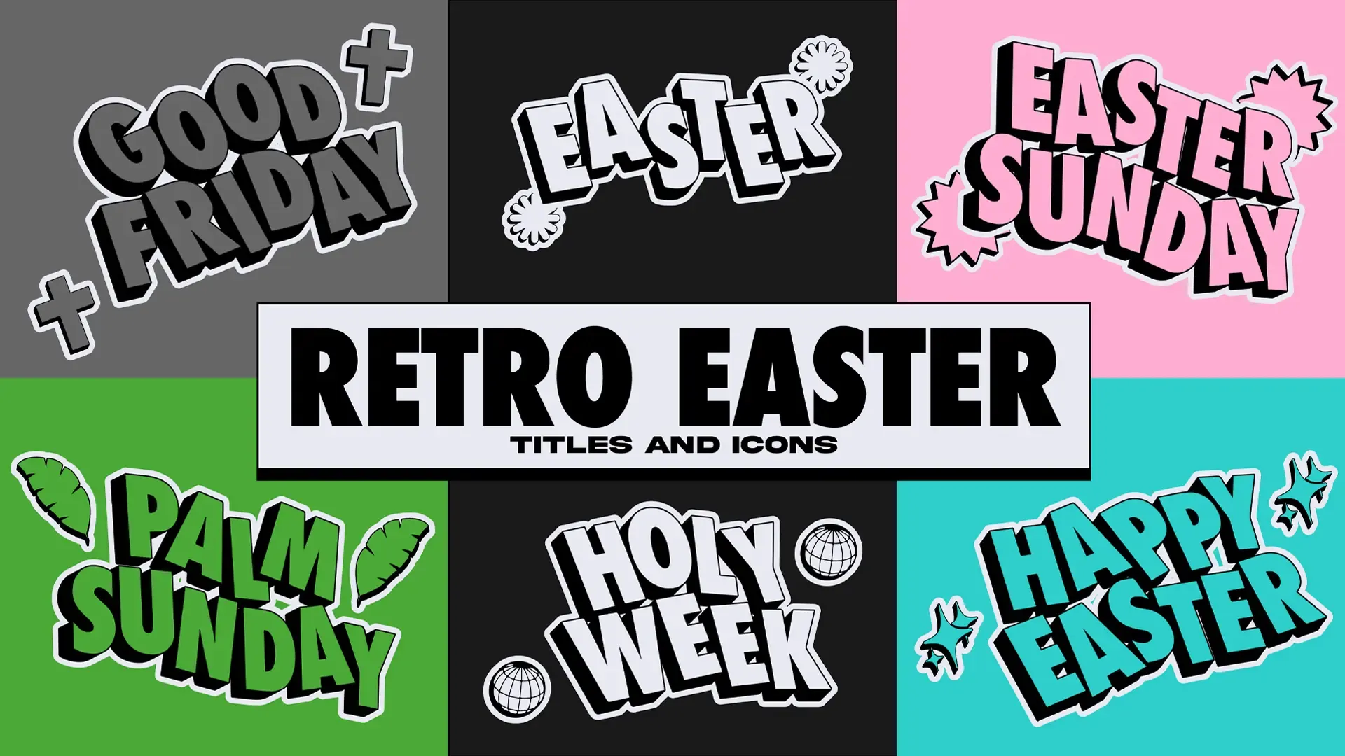 Celebrate the Easter season with flair using our 'Retro Easter Titles and Icons' set. These bold, nostalgic graphics are perfect for adding a spirited touch to your church media during this joyful time.