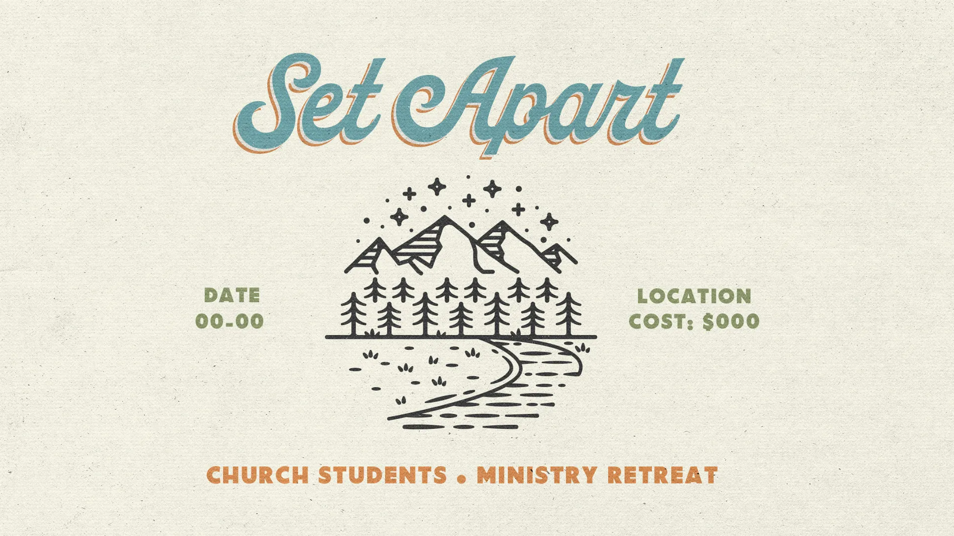 Promote your upcoming ministry retreat with this textured church media template, designed with a classic outdoor motif and vintage-inspired typography to inspire spiritual growth and community.
