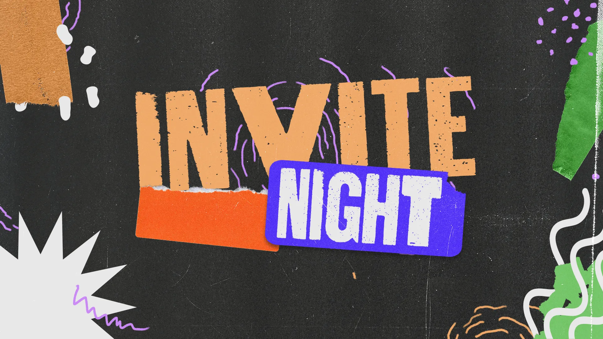 Elevate your church media with this vibrant, grunge-style graphic for 'Invite Night,' perfect for capturing attention and encouraging community engagement. The dynamic, distressed typography creates a sense of excitement and inclusivity, ideal for your church's event promotions.