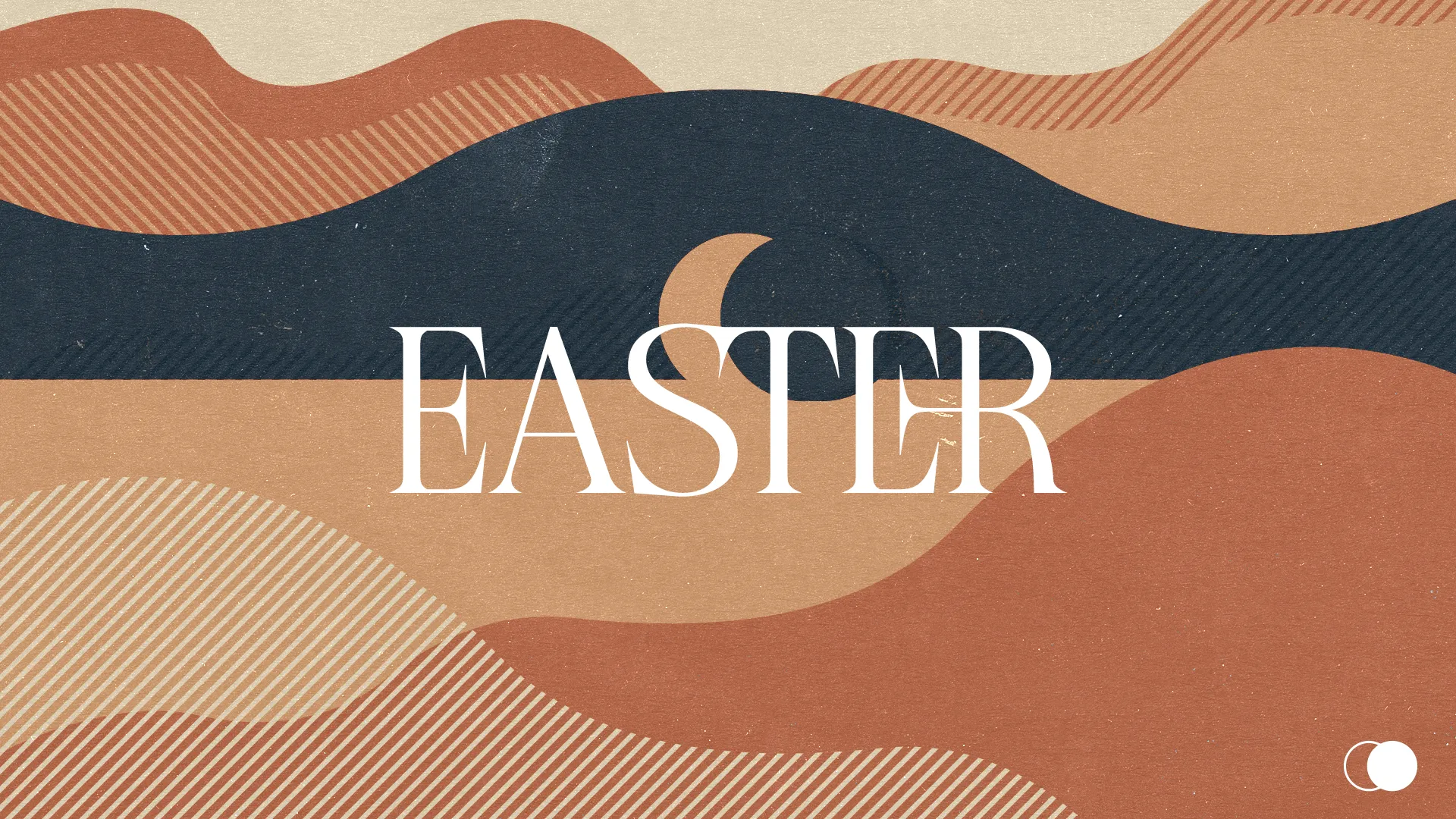 This announcement template features a beautifully layered design with earth-toned color waves and subtle textured patterns, creating a serene backdrop for the bold, elegant typography that announces 'EASTER'. The use of negative space and monoline details complements the message with a modern and clean aesthetic.