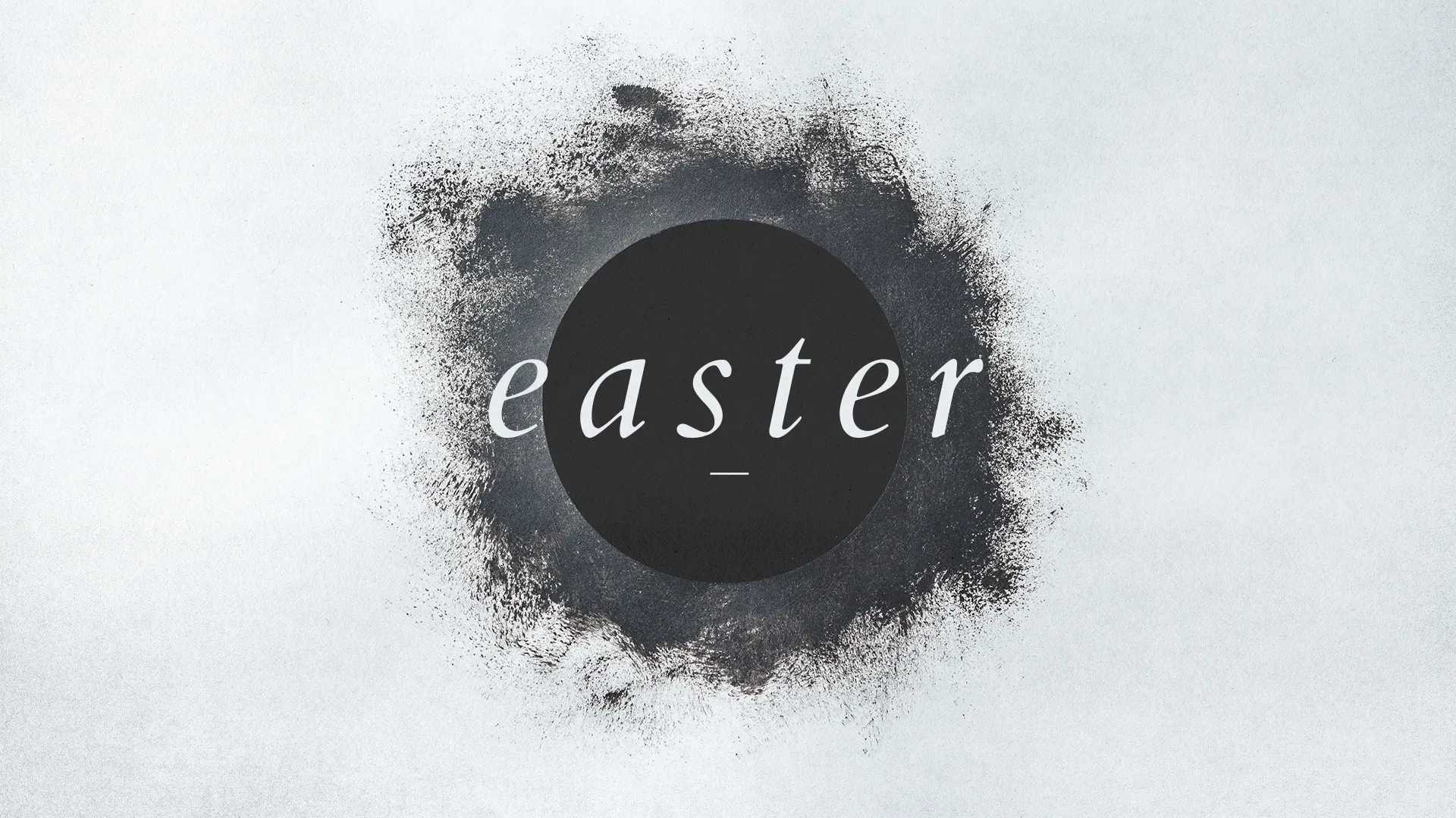 This church media graphic evokes a contemplative mood with its central, diffuse burst of dark particles, encircling a clear, minimalist text that quietly proclaims "Easter," suggesting reflection and renewal.