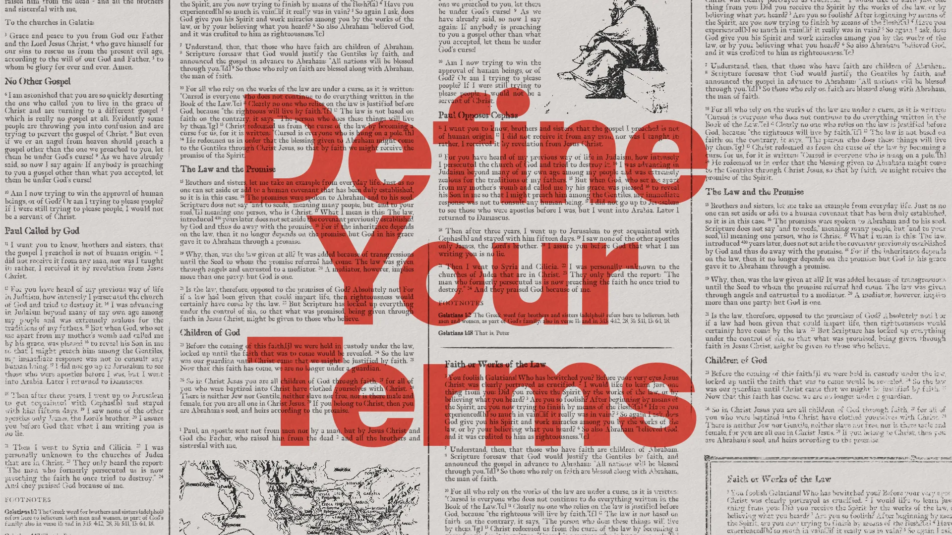 This church media graphic titled "Define Your Terms" features a bold, central typography overlaid on a background of scripture text, symbolizing the importance of understanding and articulating one's faith clearly and accurately.