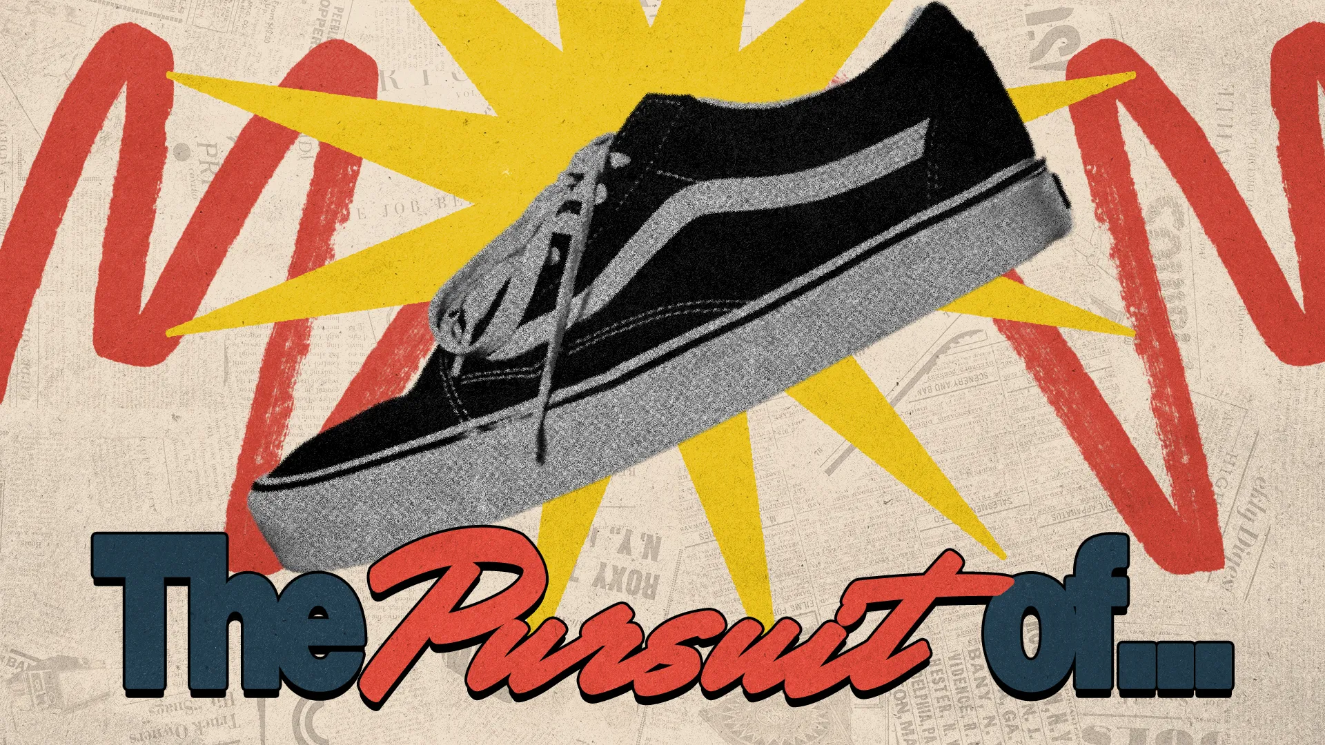 This church media graphic for "The Pursuit of..." sermon series features a bold sneaker graphic against a backdrop of sunburst and abstract shapes, suggesting a dynamic journey or quest for spiritual growth and understanding.