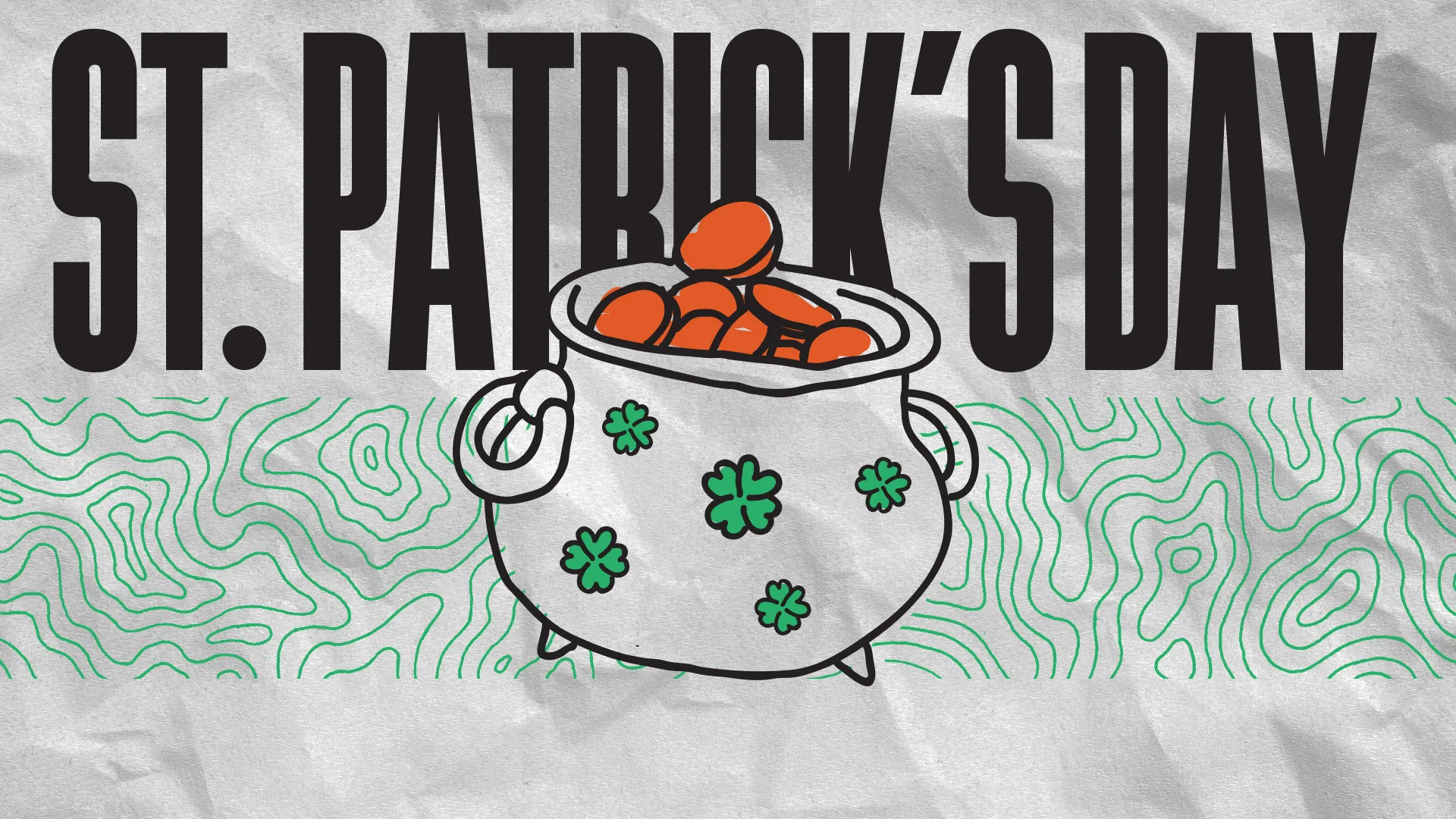 Invite your community to celebrate with this charming "St. Patrick's Day" church media graphic, featuring a whimsical pot of gold and clover details against a backdrop of crinkled paper texture, perfect for your church's festive events.