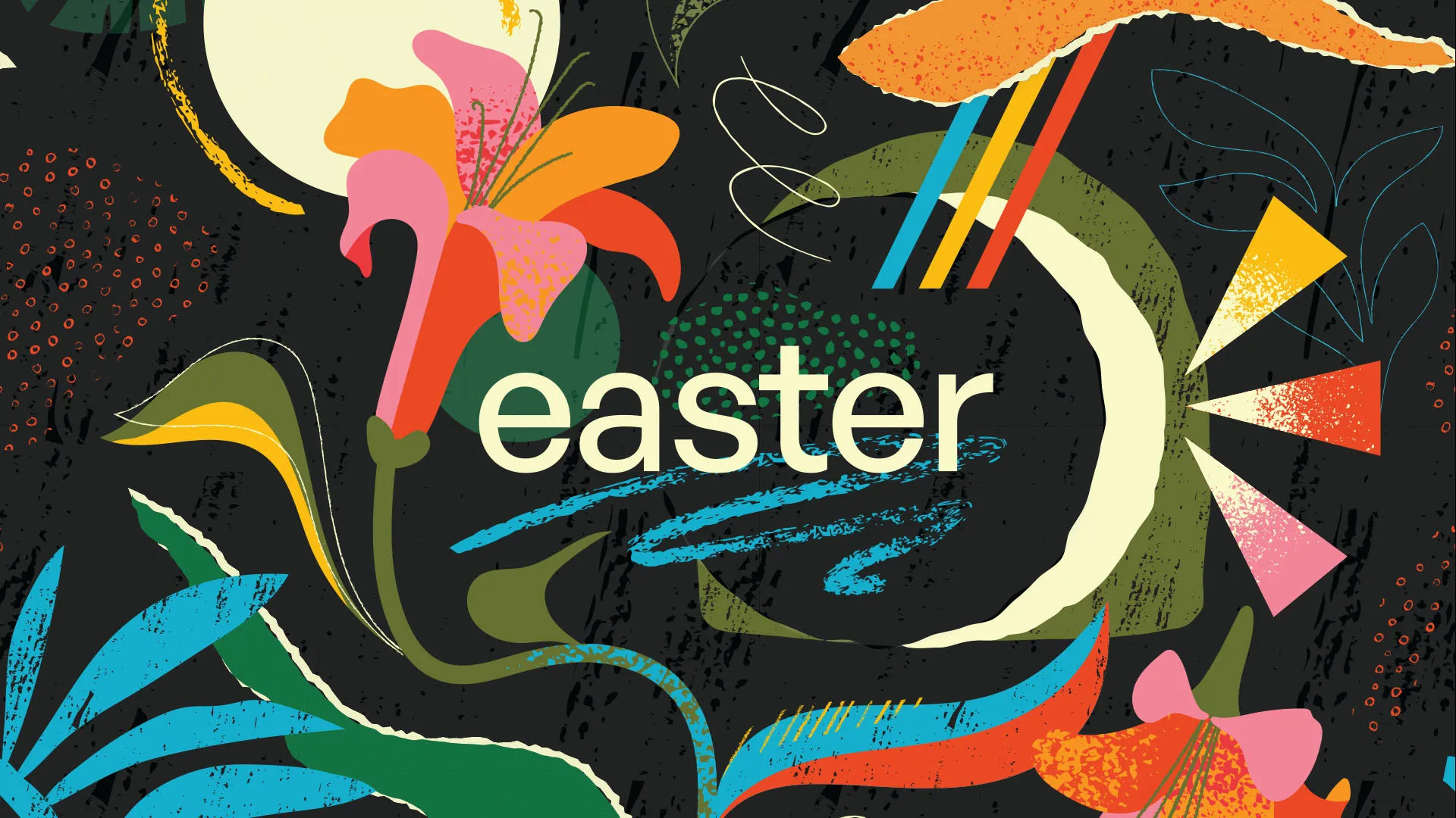This church media template features a vibrant, abstract design, with bold floral elements and dynamic shapes that convey the joy and renewal associated with Easter. The playful, hand-drawn typography adds a personal touch to this church media piece, perfectly suited for the spring season.
