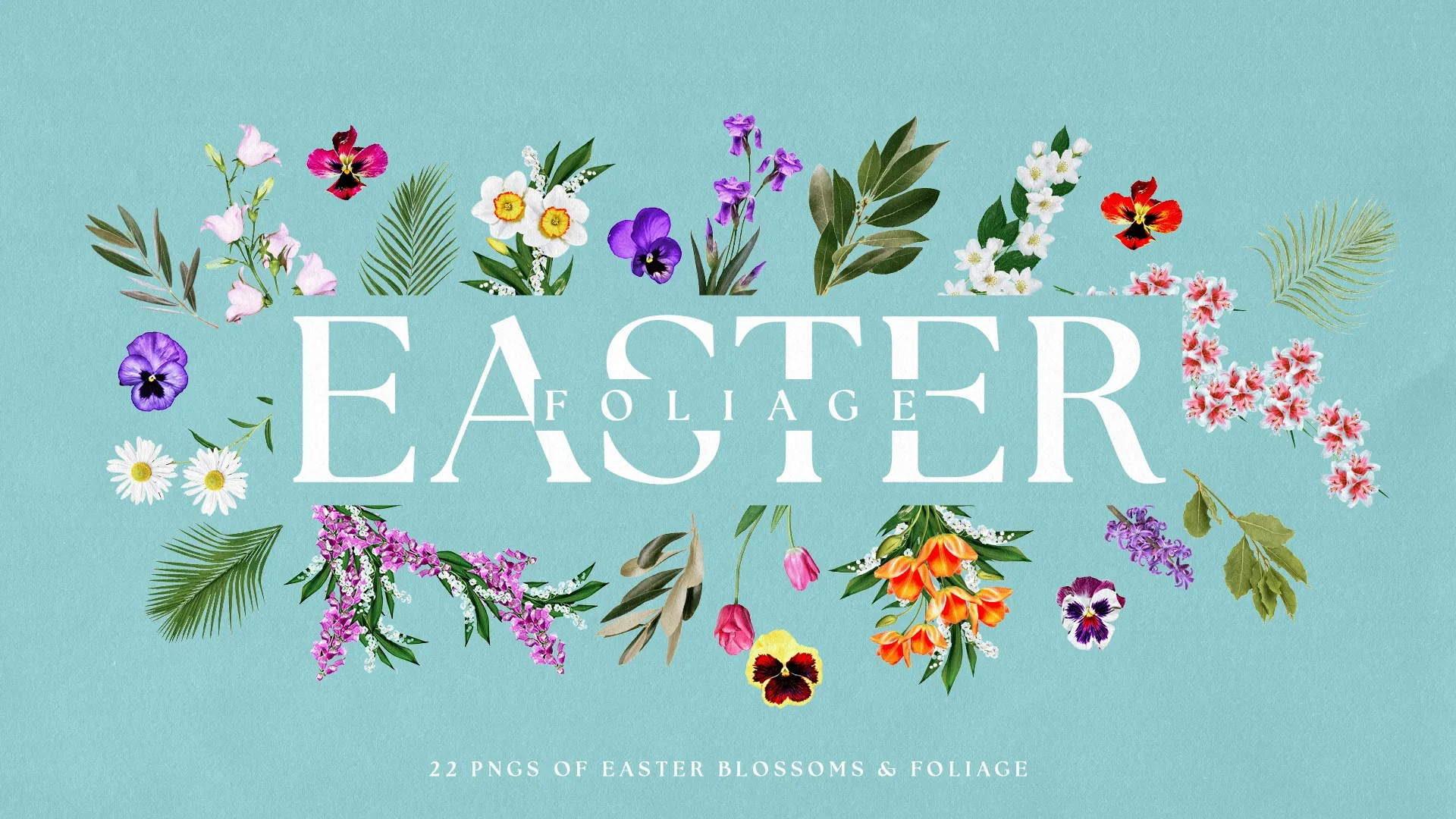 This design resource for church media is a vibrant collection of Easter-themed graphics, featuring 22 PNG elements of meticulously detailed Easter blossoms and foliage. Perfect for crafting a springtime narrative, these elements can be easily incorporated into custom designs, inviting a touch of nature's renewal and beauty.