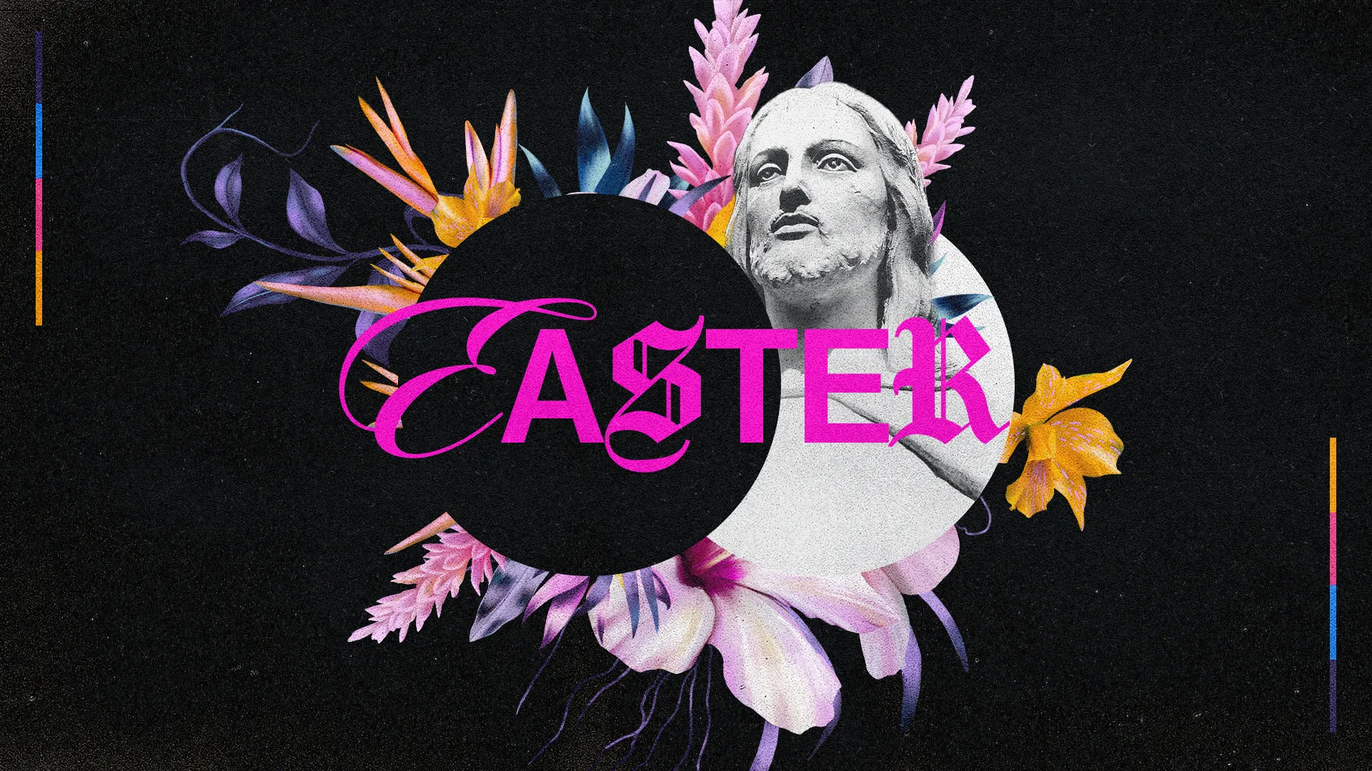 A vibrant clash of tradition and modernity, this Easter sermon graphic juxtaposes a classic statue in grayscale against a burst of neon-hued, tropical flora, all set upon a textured, dark background that amplifies the visual drama. The event's title leaps out in a stylized, neon pink script that bridges the historic and the contemporary.