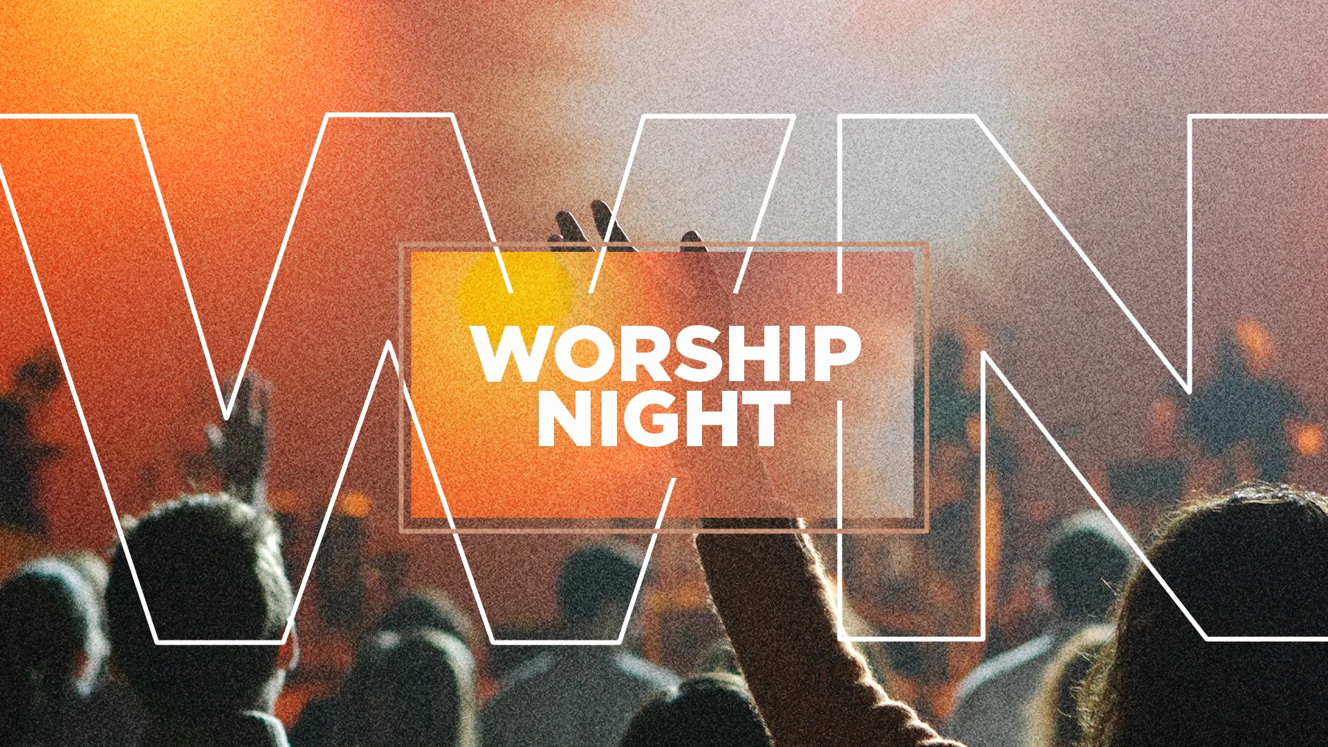 The 'Worship Night' church event graphic pulses with vibrant energy, depicting a crowd with uplifted hands, encapsulated by bold, modern lettering that exudes a sense of unity and passion for collective worship.