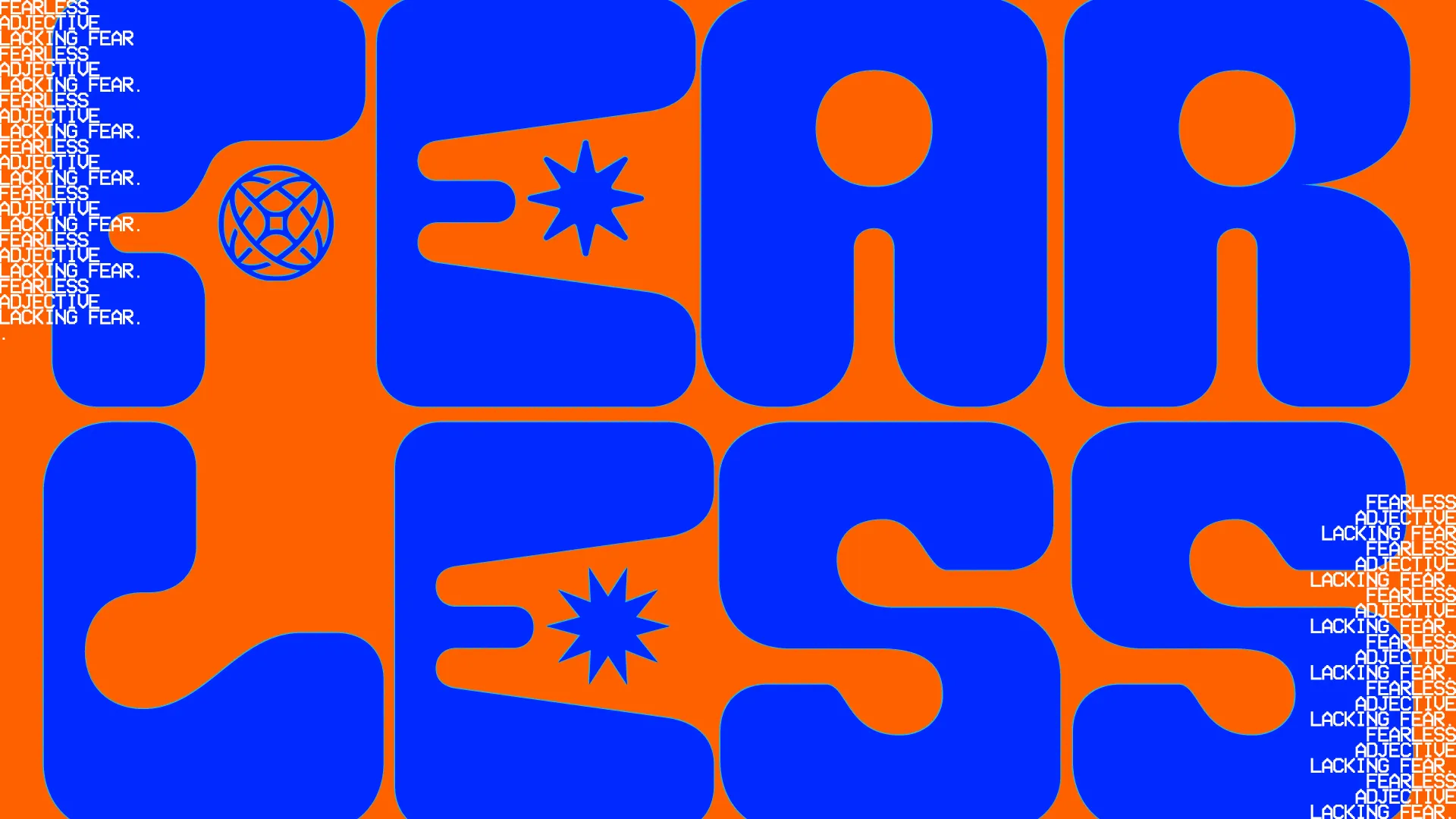 This church graphic employs a striking blue and orange contrast, spelling out "FEARLESS" in a modern, bold font that communicates strength and courage, with the definition running along the edges, encouraging the congregation to live out their faith boldly and without fear.