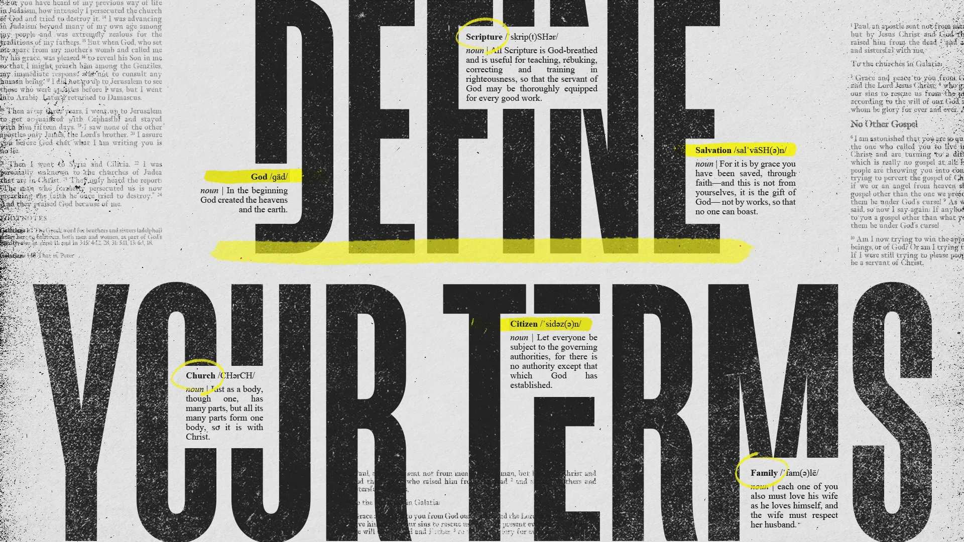 This dynamic church media design boldly proclaims "DEFINE YOUR TERMS" against a backdrop of key biblical terms and scripture references, visually underlining the importance of understanding and living by the Word of God.