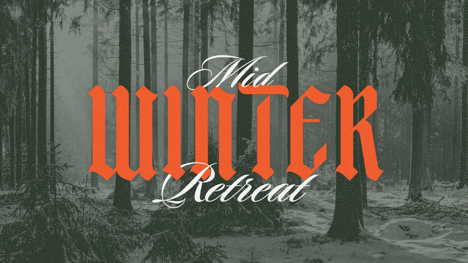 This 'Midwinter Retreat' church media graphic features a deep forest scene overlaid with gothic script that evokes the profound peace of stillness and reflection during the colder months.