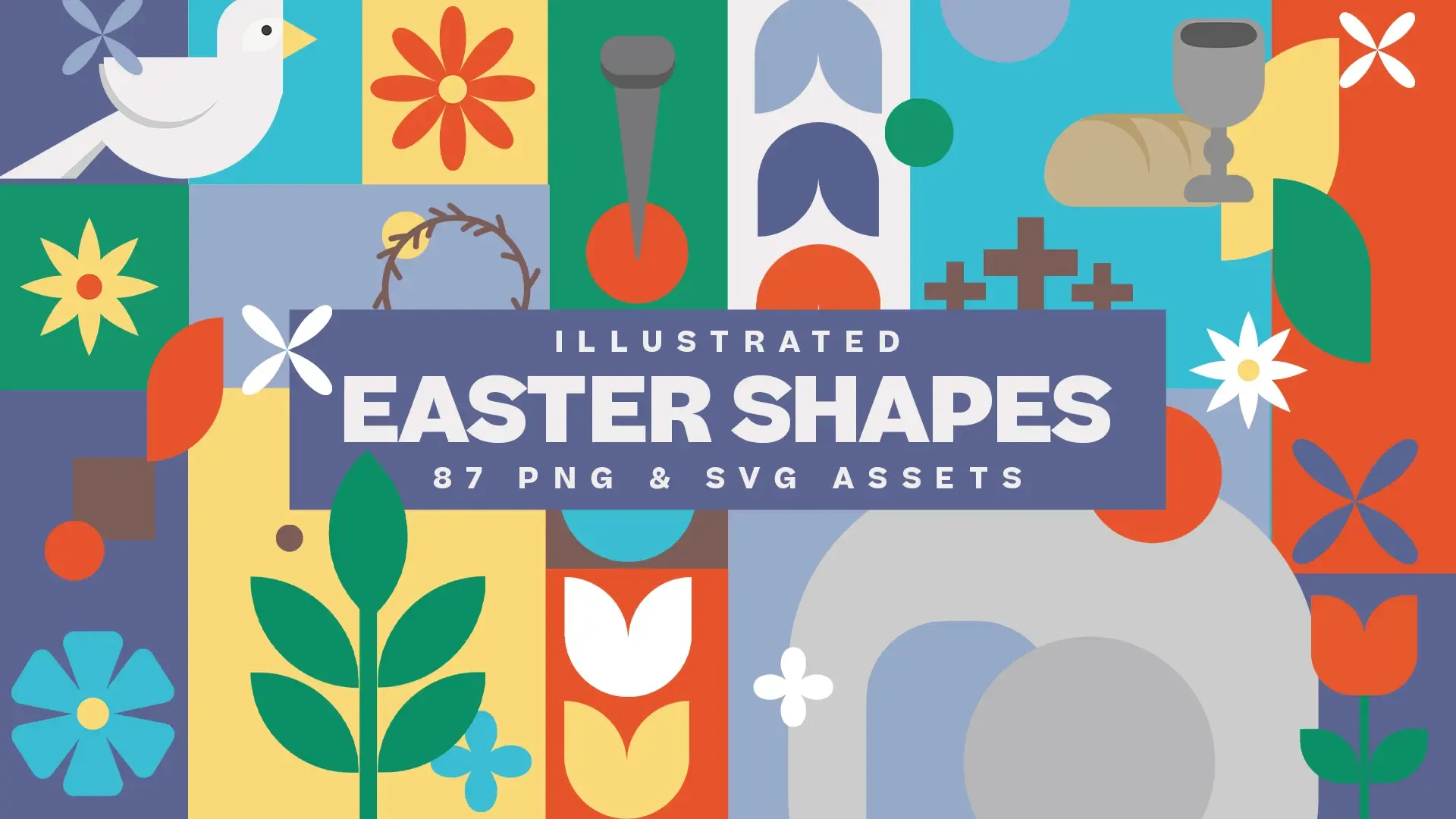 This vibrant church media toolkit features "Illustrated Easter Shapes," a collection of 87 PNG and SVG assets, bringing a playful and modern visual storytelling element to Easter celebrations.