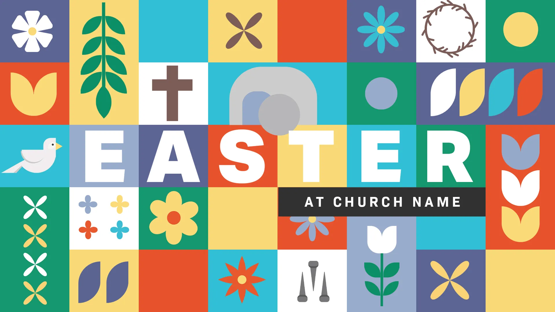 This Easter church media graphic is a joyful mosaic of symbols and colors, each square a representation of life and the spirit of the season. It's a modern, welcoming tapestry that invites the community to join in celebration at the specified church.