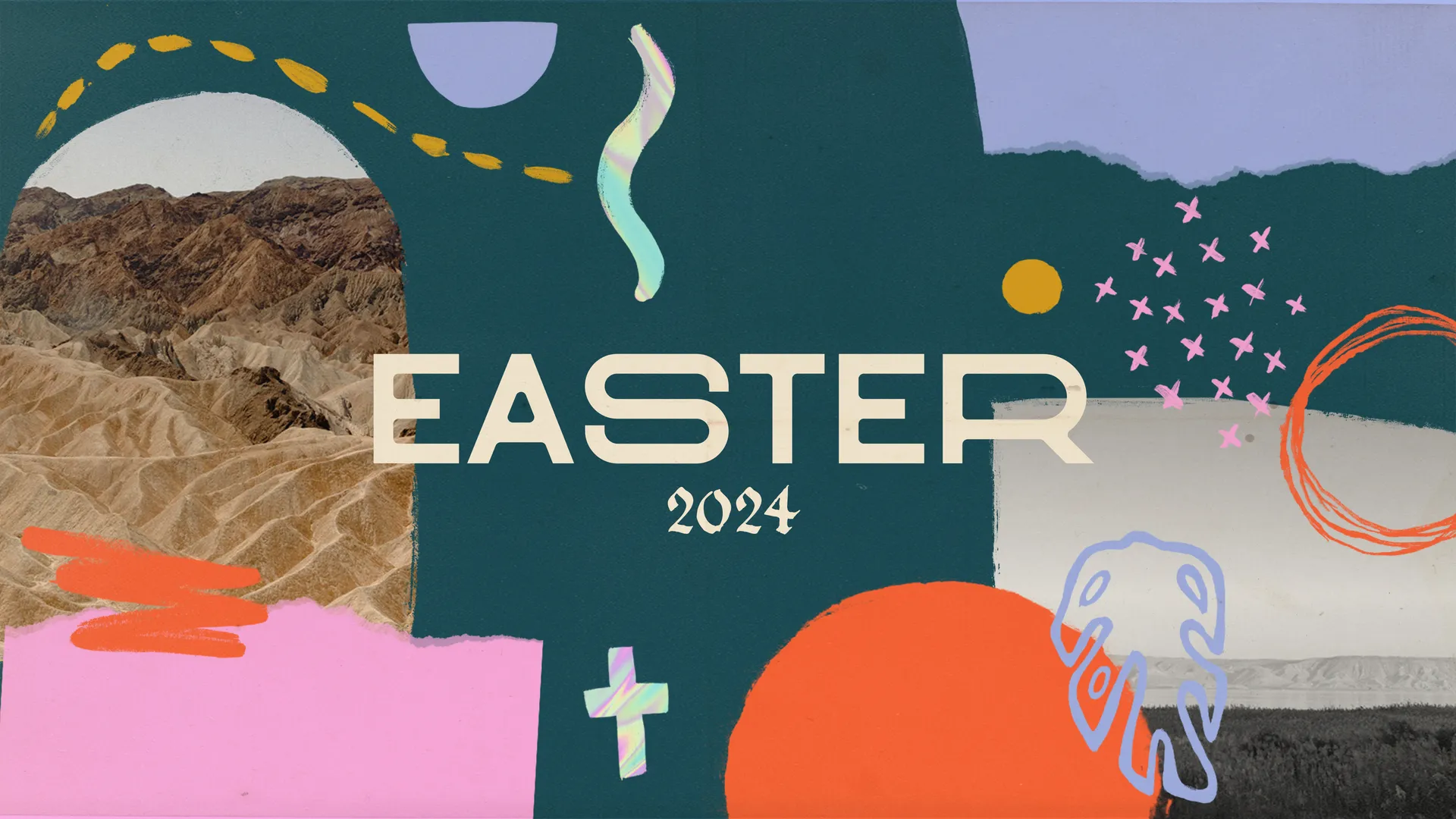 This vibrant Easter 2024 church media graphic melds abstract art with symbolic elements, conveying a message of diversity and resurrection. The collage of textures and colors provides a contemporary backdrop for the celebration of renewal and hope.