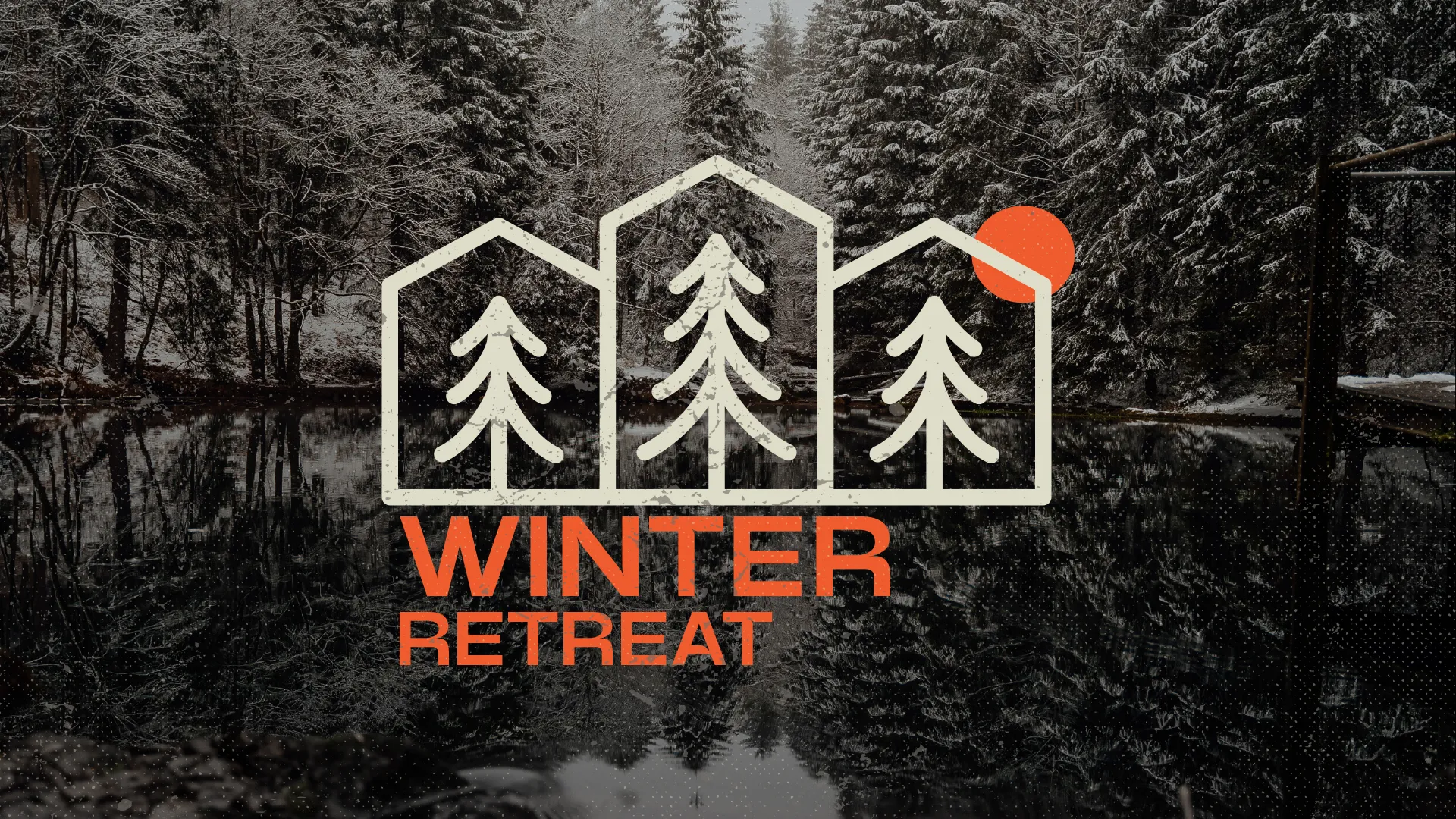 Embrace the serenity of the season with this 'Winter Retreat' church media template, featuring a tranquil forest scene mirrored by a peaceful lake, inviting contemplation and community. The crisp, minimalist design with bold orange accents captures the invigorating spirit of winter fellowship.