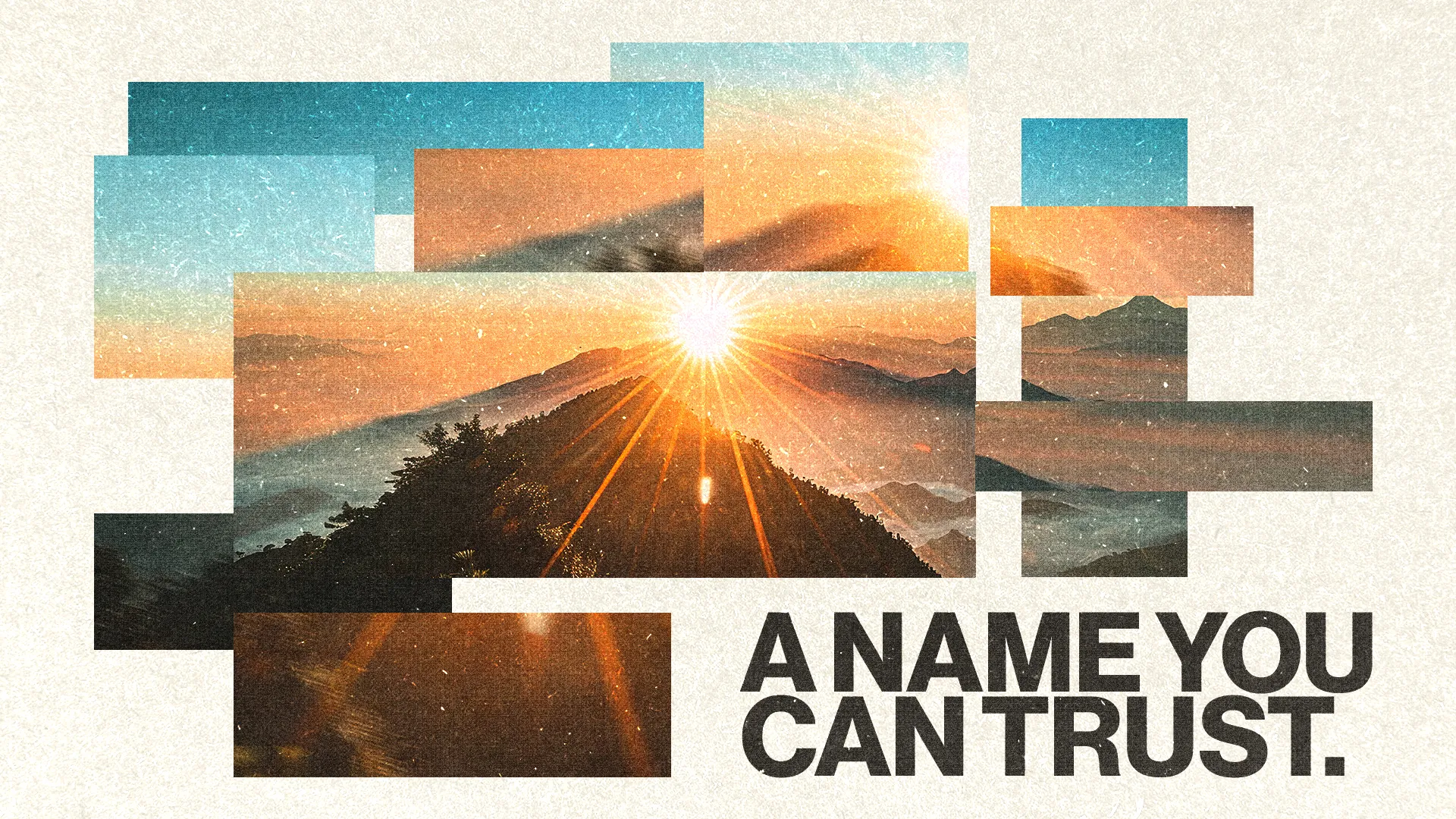 Sunrise over mountains with vibrant colors, symbolizing hope and faith, accompanied by the text "A Name You Can Trust."