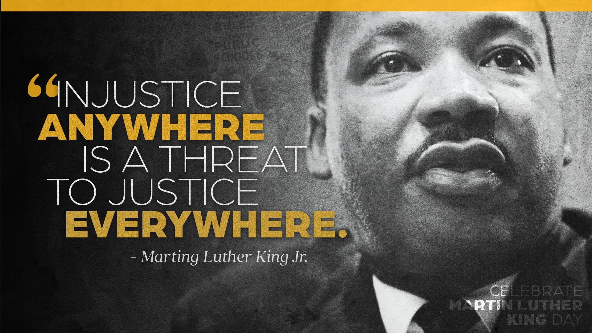 This church media graphic features a profound quote by Martin Luther King Jr., set against a textured backdrop that adds depth and gravity to the message. The yellow accents emphasize the importance of justice, making it a powerful visual for Martin Luther King Jr. Day observances.