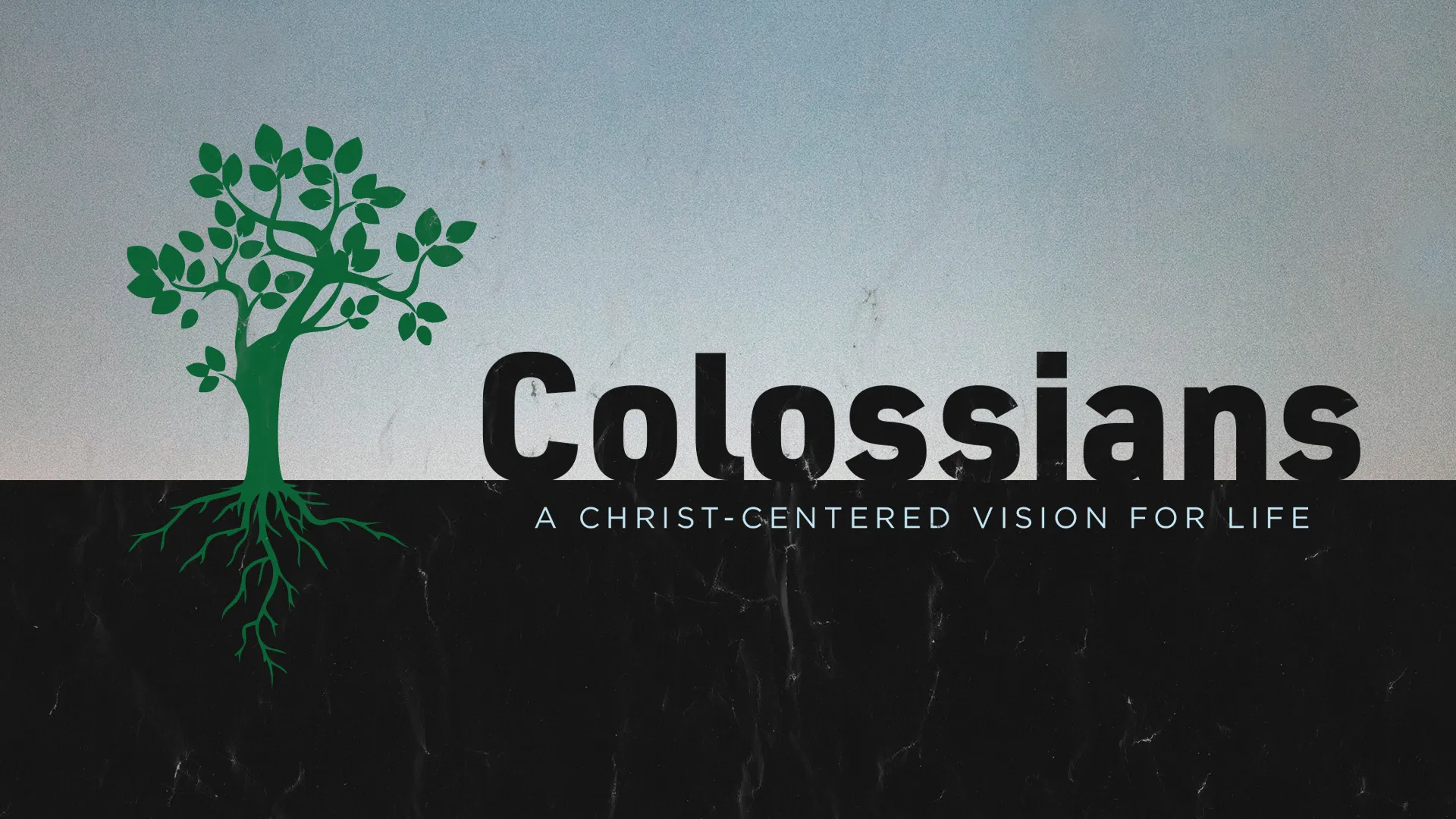 The design of this church media graphic symbolizes growth and vitality with a vibrant green tree, deeply rooted against a contrasting black and white background, alongside the title "Colossians" and the subtitle "A Christ-Centered Vision for Life," suggesting a message of spiritual growth rooted in Christ’s teachings.