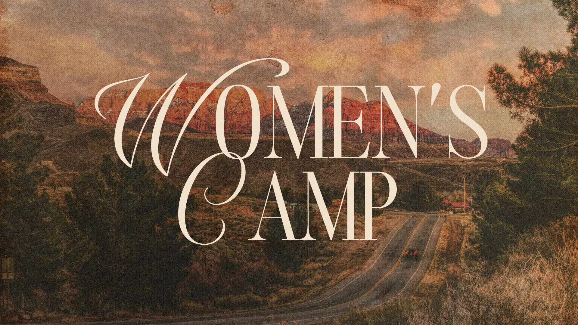 Women's Camp event details over a scenic landscape, symbolizing community, faith, and spiritual growth.